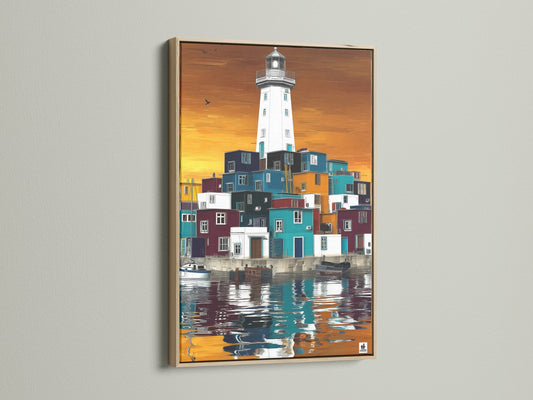 This coastal lighthouse artwork is beautifully framed in oak. The seaside village wall art adds a touch of nautical elegance. Its colorful details and ocean view print create a serene atmosphere. Ideal for beach house decor.
