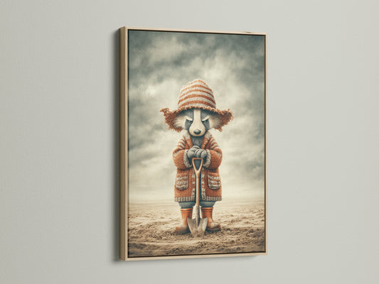 A delightful raccoon artwork print is framed in oak. This vintage animal art piece adds character to any room. Ideal for a woodland nursery or a child's room. It brings a touch of whimsy and warmth. Its perfect for kids room wall art and living room decor.