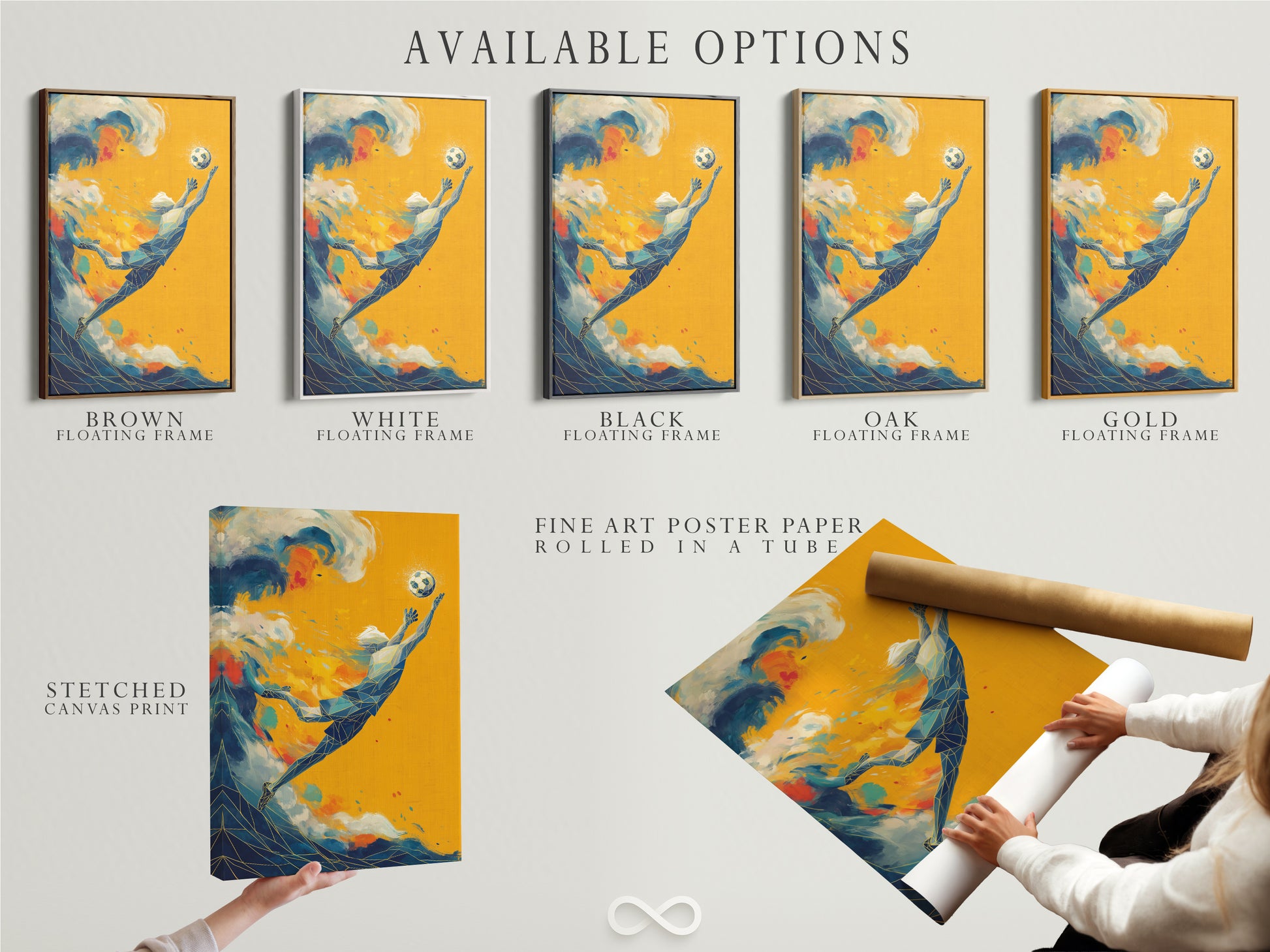 Available options for soccer art prints. Choose from a stretched canvas print a fine art poster paper print or a floating frame option. Customize your sports canvas print to match your style and decor. Find the perfect modern sports wall art for your space.