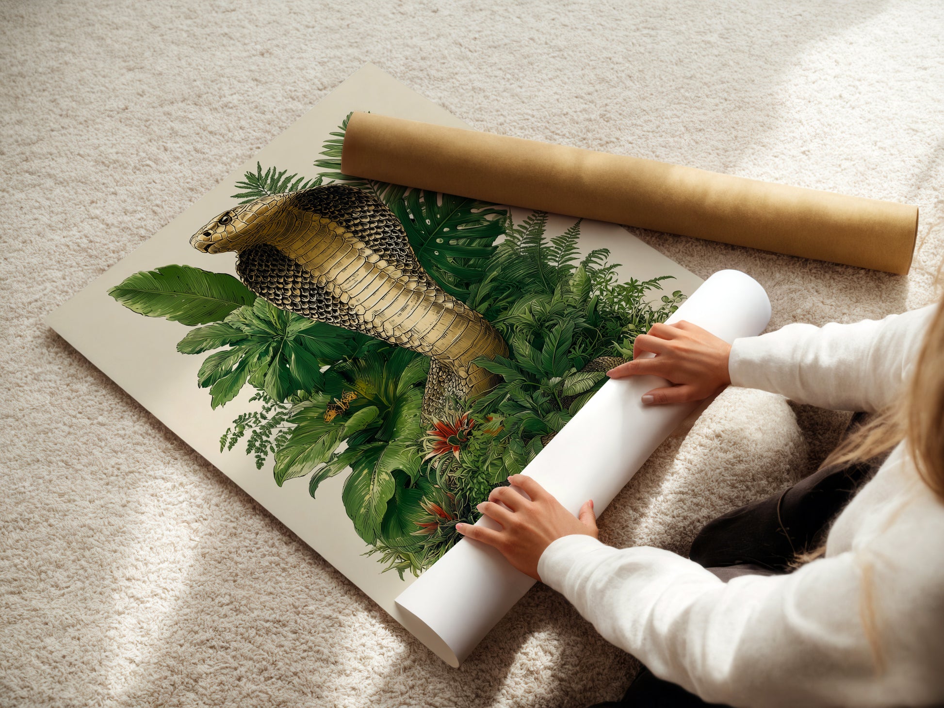 A woman is carefully rolling fine art poster paper. Quality paper ensures a lasting print. Preserve your artwork with professional materials. Discover the best in fine art printing options.