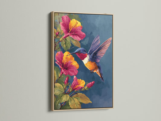 This is a close-up of an oak frame. The artwork inside features a hummingbird and hibiscus flowers. The frame adds a touch of natural warmth to the artwork. A perfect piece for any nature lover.