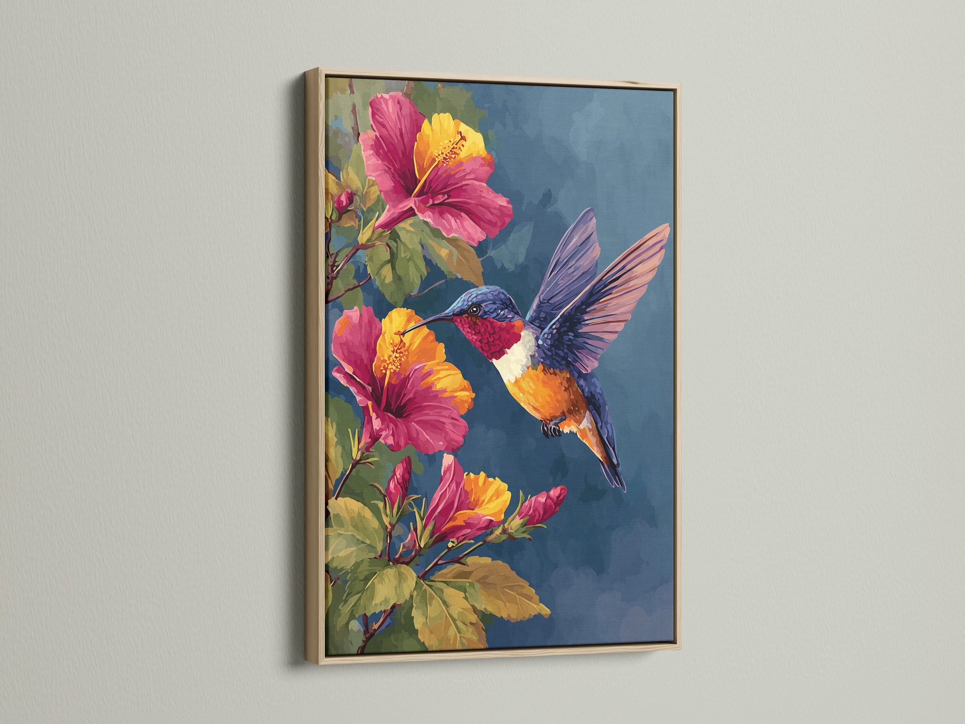 This is a close-up of an oak frame. The artwork inside features a hummingbird and hibiscus flowers. The frame adds a touch of natural warmth to the artwork. A perfect piece for any nature lover.