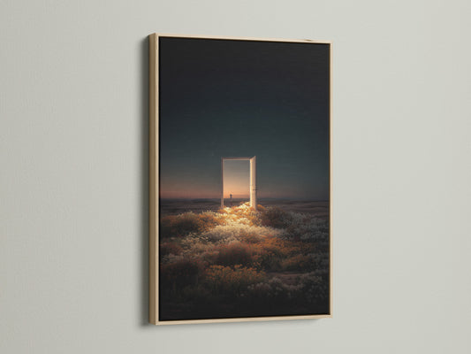 Oak Frame with artwork featuring a door in a field. The art has an ethereal glow. This beautiful framed art piece would look great in any room. The frame complements the artwork.