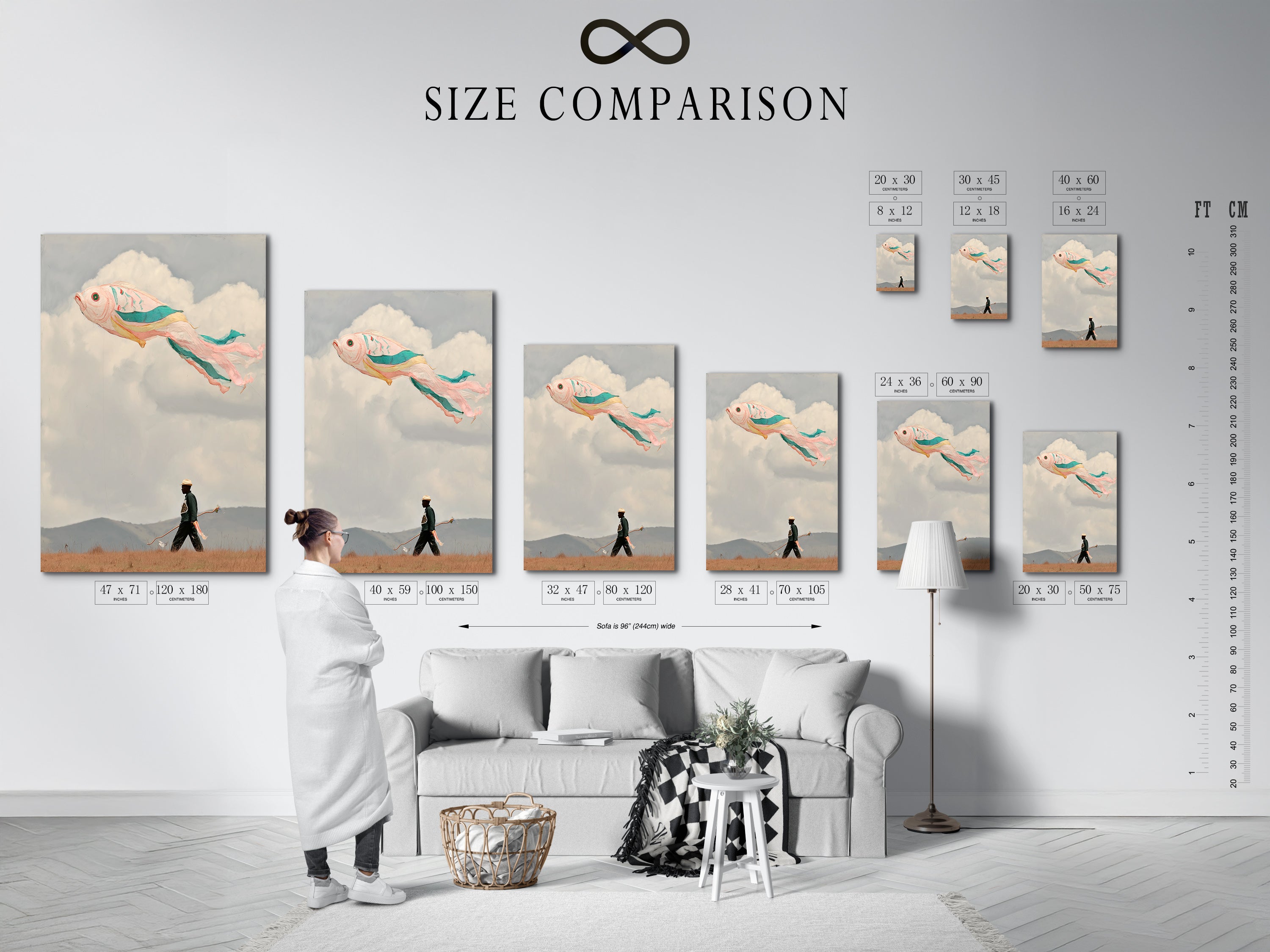 This size comparison chart showcases the surreal Fish Kite artwork in an interior. See how this dreamlike print fits in various spaces. The whimsical decor enhances any room. Pastel colors add a touch of imagination. It is perfect for living rooms and bedrooms. A unique piece for art collectors.