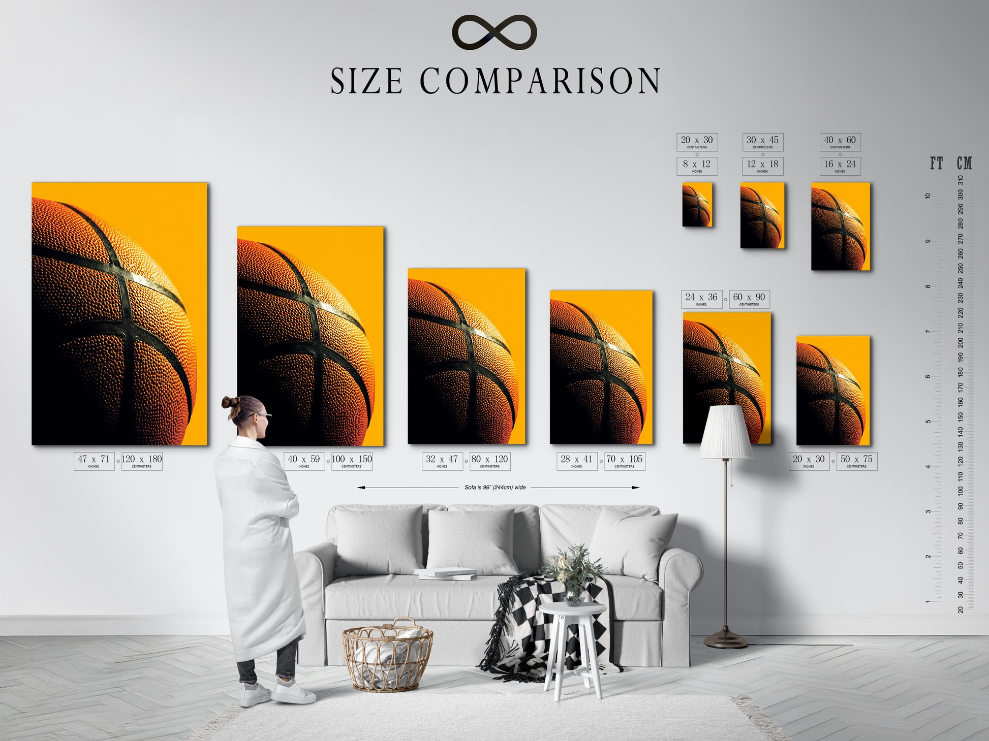 Size comparison chart displayed in an interior setting. Visualize the perfect size for your artwork. Choose the ideal dimensions to complement your space. Discover various sizes to suit your needs. Transform your walls today.