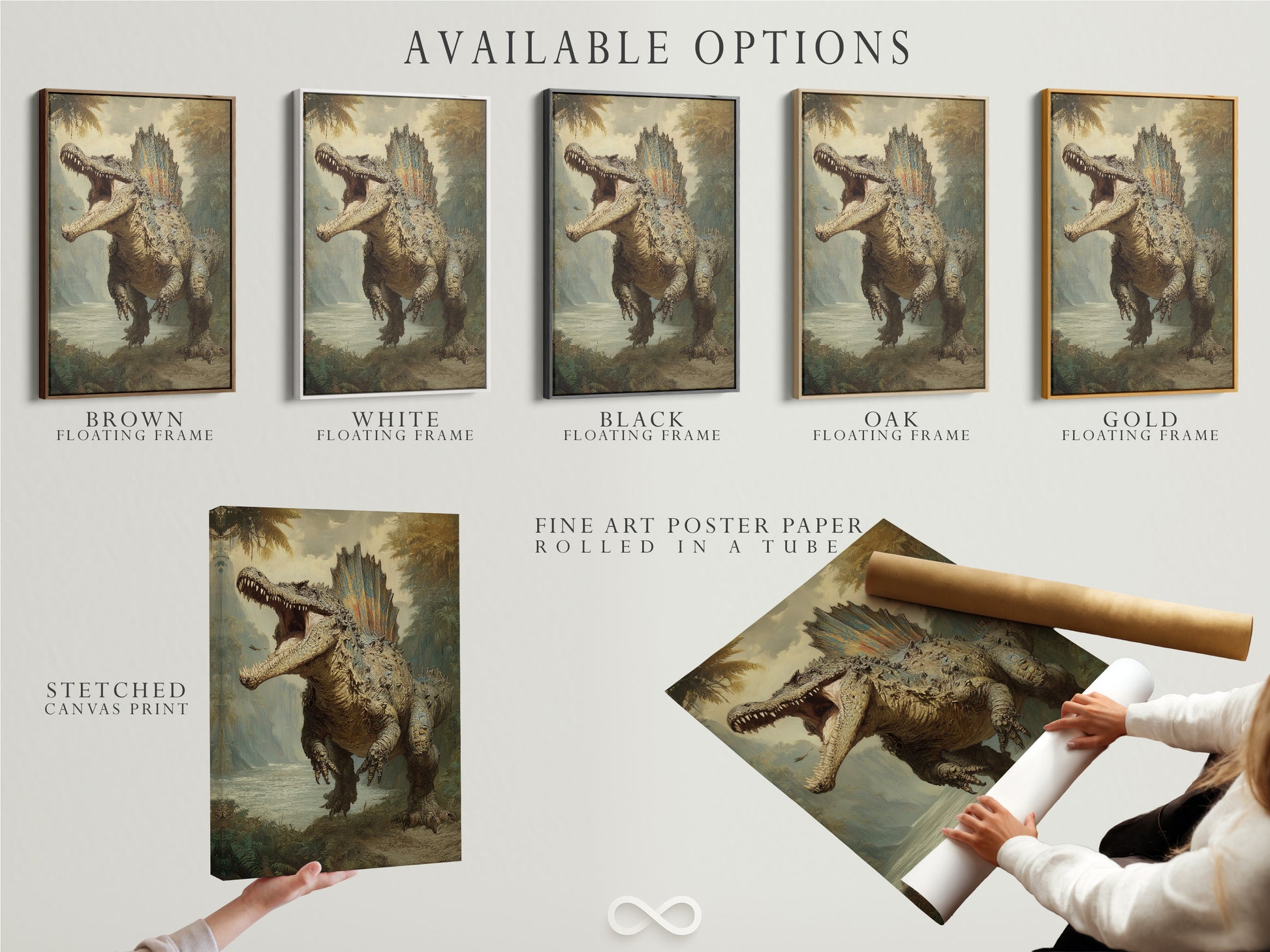 Available artwork options: stretched canvas print fine art poster paper and floating frame. The artwork features a large dinosaur roaring in a prehistoric landscape. Explore the various formats to suit your taste. Find the perfect piece to complement your style.