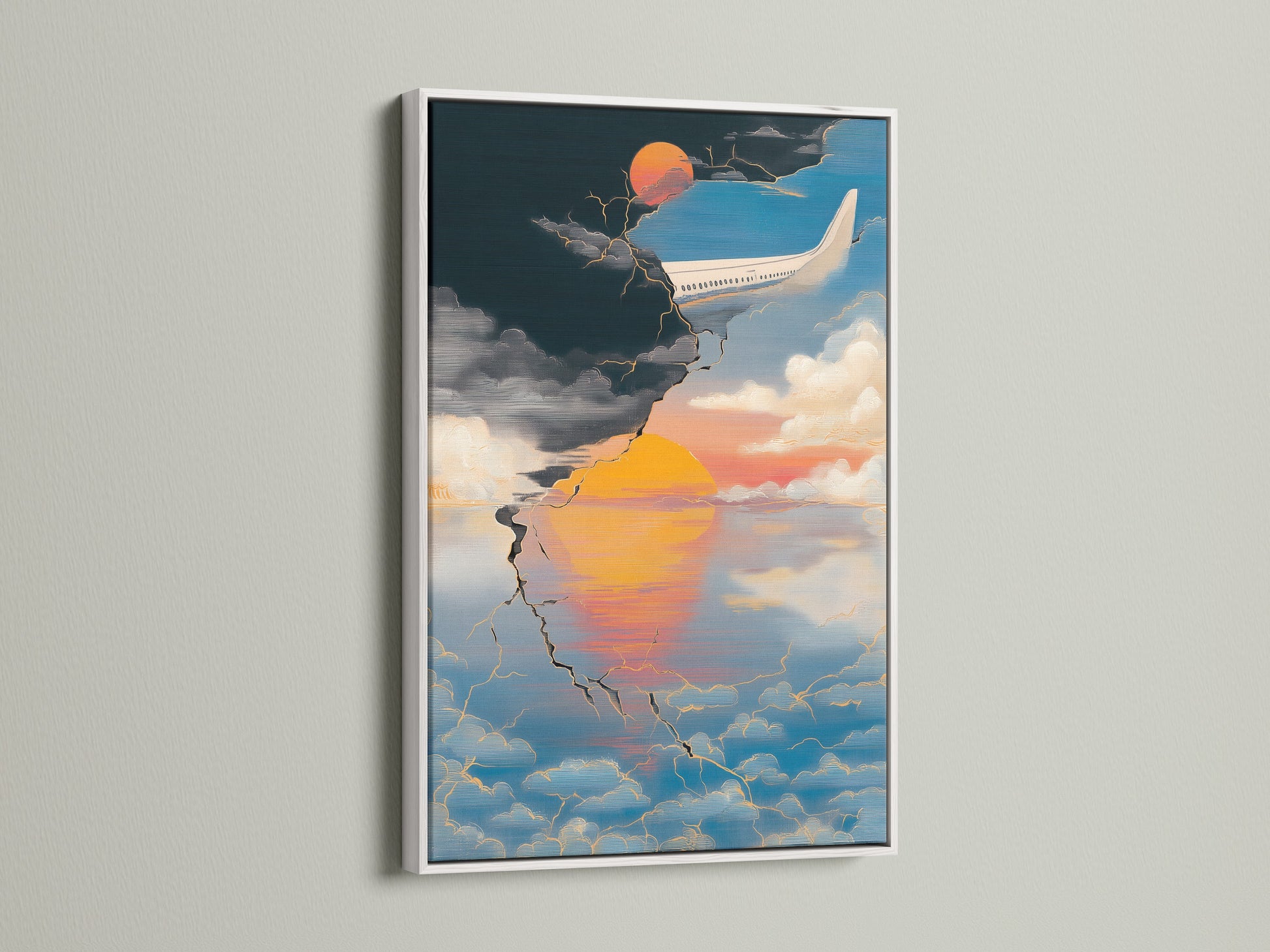 Abstract Sunset Wall Art. The aviation travel poster features a white frame. The modern art print adds a touch of elegance. It's a great travel gift for aviation enthusiasts.
