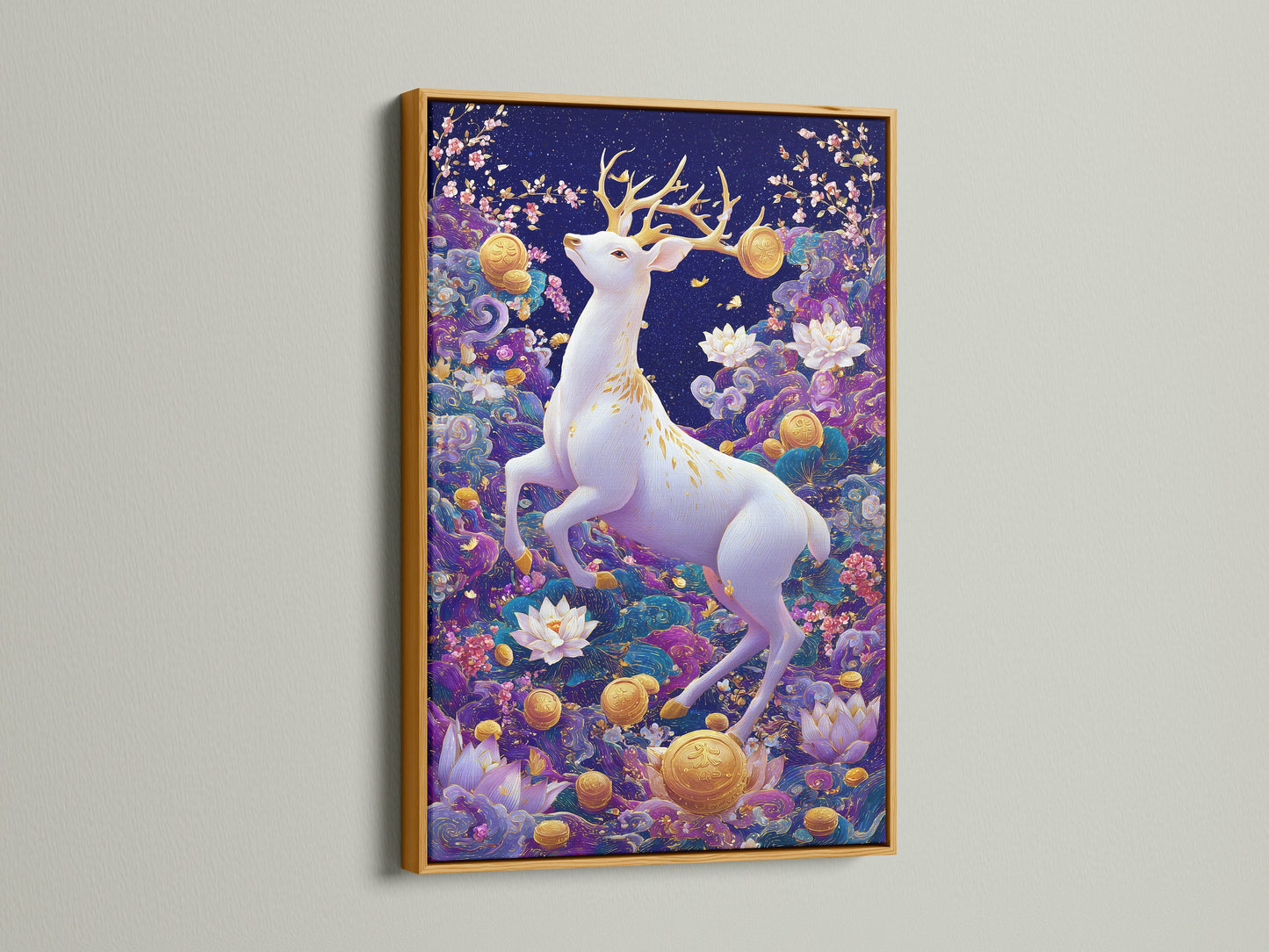 A luxurious gold frame accentuates a white deer art piece. The mystical forest artwork is adorned with a purple lotus print. Elevate your space with this enchanted forest-inspired nature canvas art