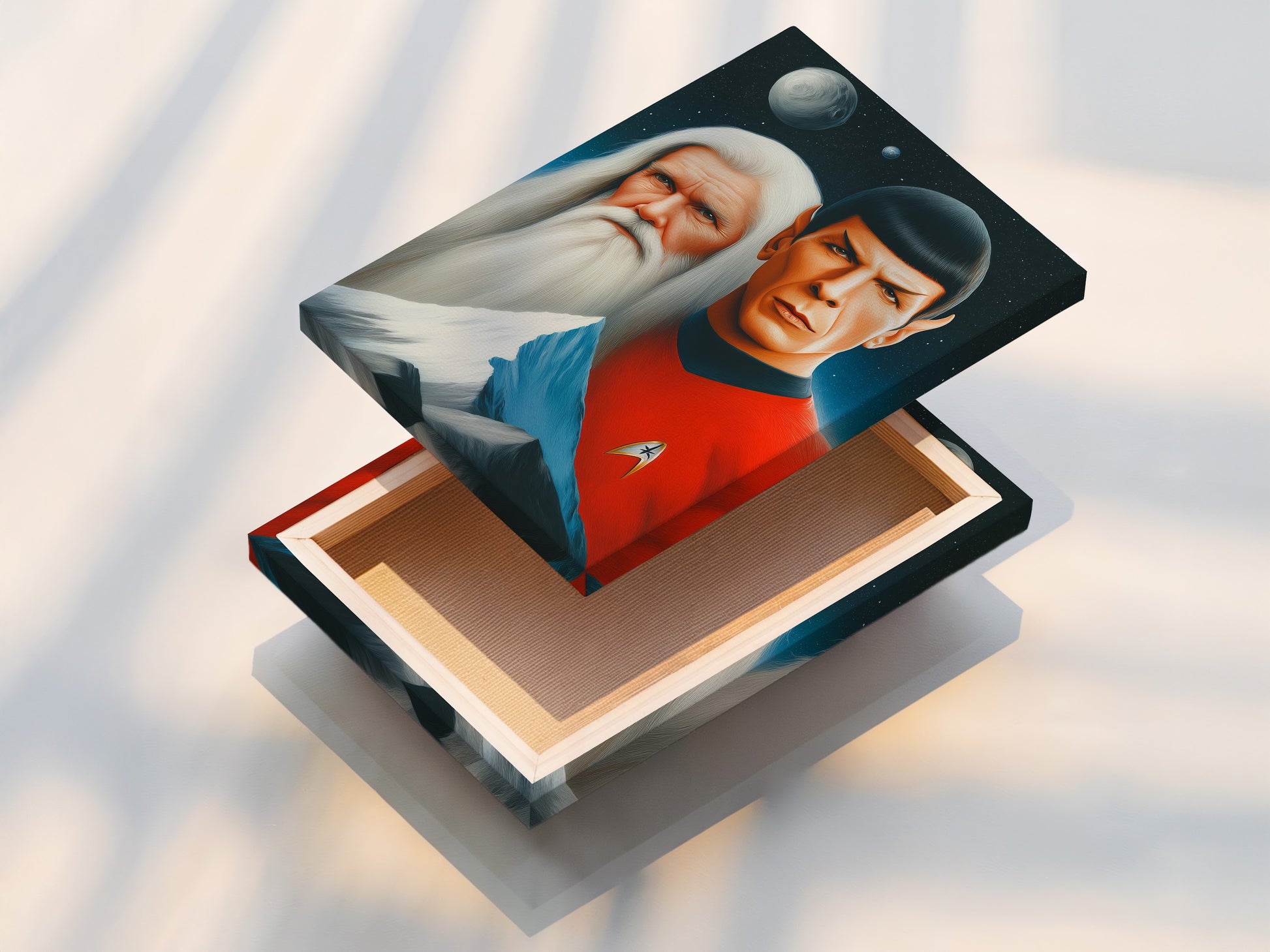 This is a stretched canvas print featuring Star Trek Spock Vulcan art. It's ready to hang and enjoy. The sci-fi wall art enhances any living space. The stretched canvas print is perfect for home cinema decor. It is ideal for creating a focal point in any room. Consider this Trekkie gift today.