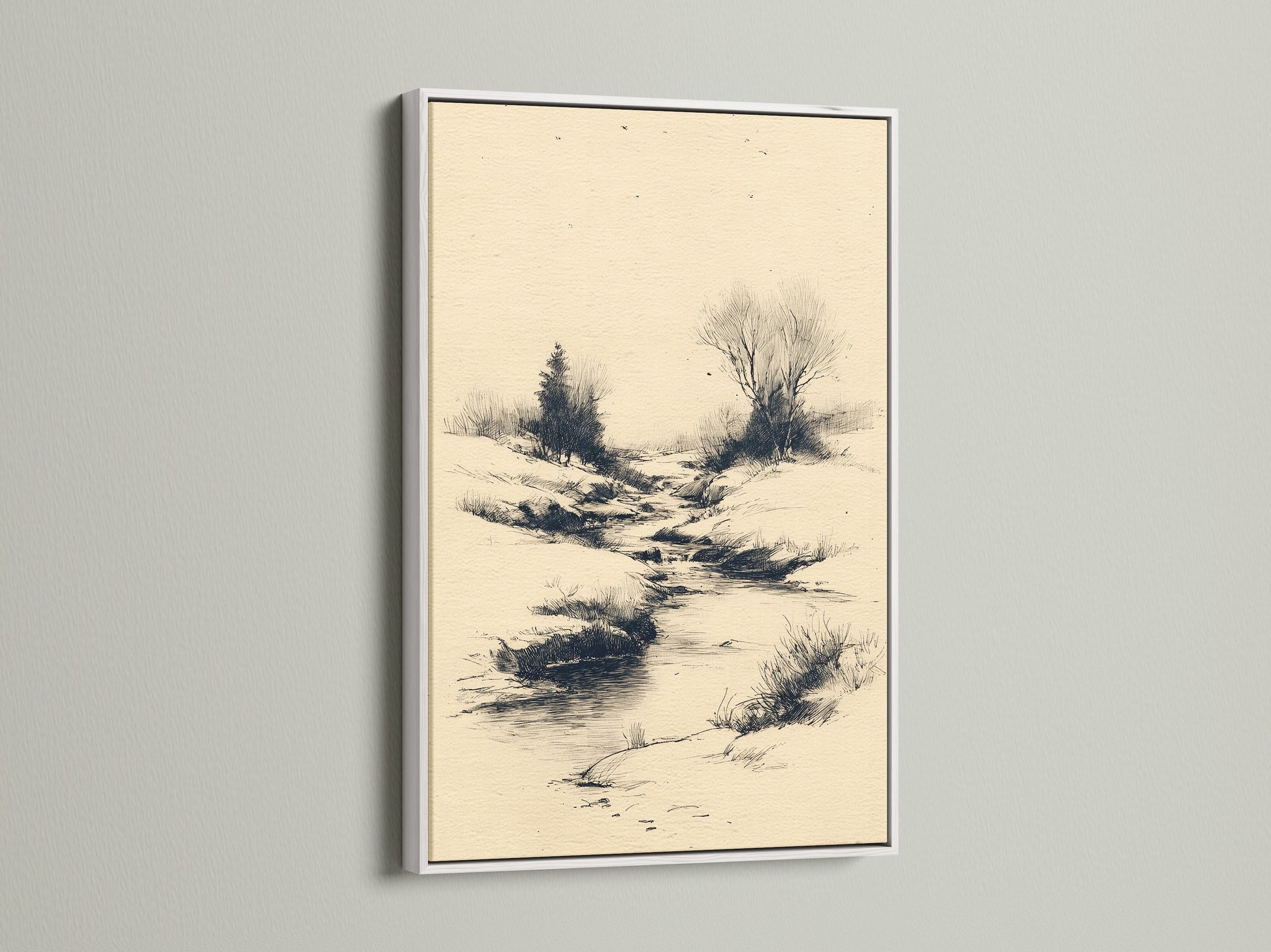 Artwork with a white frame on a wall. White frames offer a clean look. White frames make artwork pop. This frame is versatile for any style. Enhance your artwork with a stylish white frame. Add art to your home.