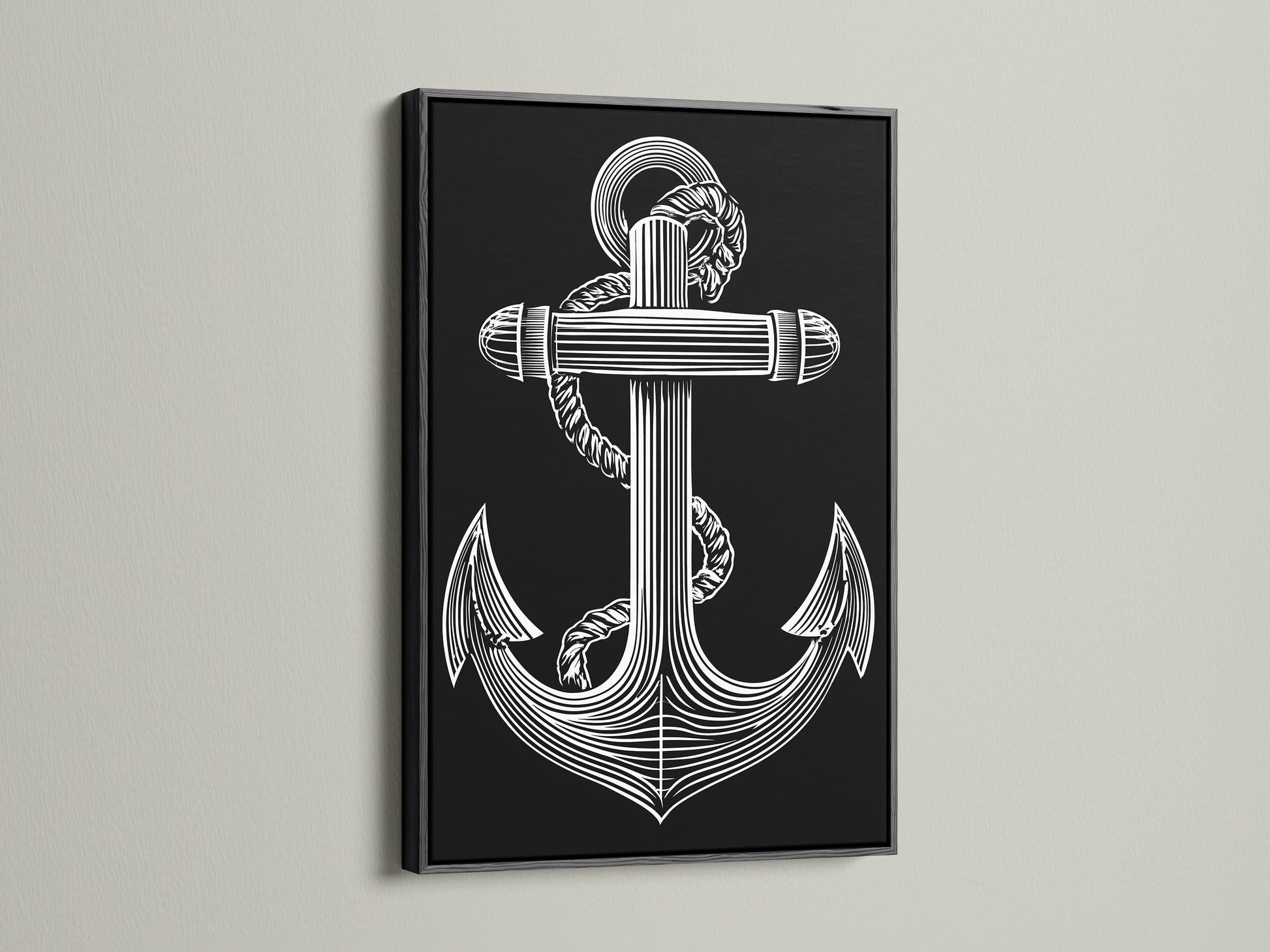 An art print showcasing an anchor in a sleek black frame. The black frame provides a classic and timeless appeal. Ideal for creating a focal point in any room. This artwork adds depth and sophistication. Enhance your art collection with our framed art pieces. Browse our selection of black framed prints
