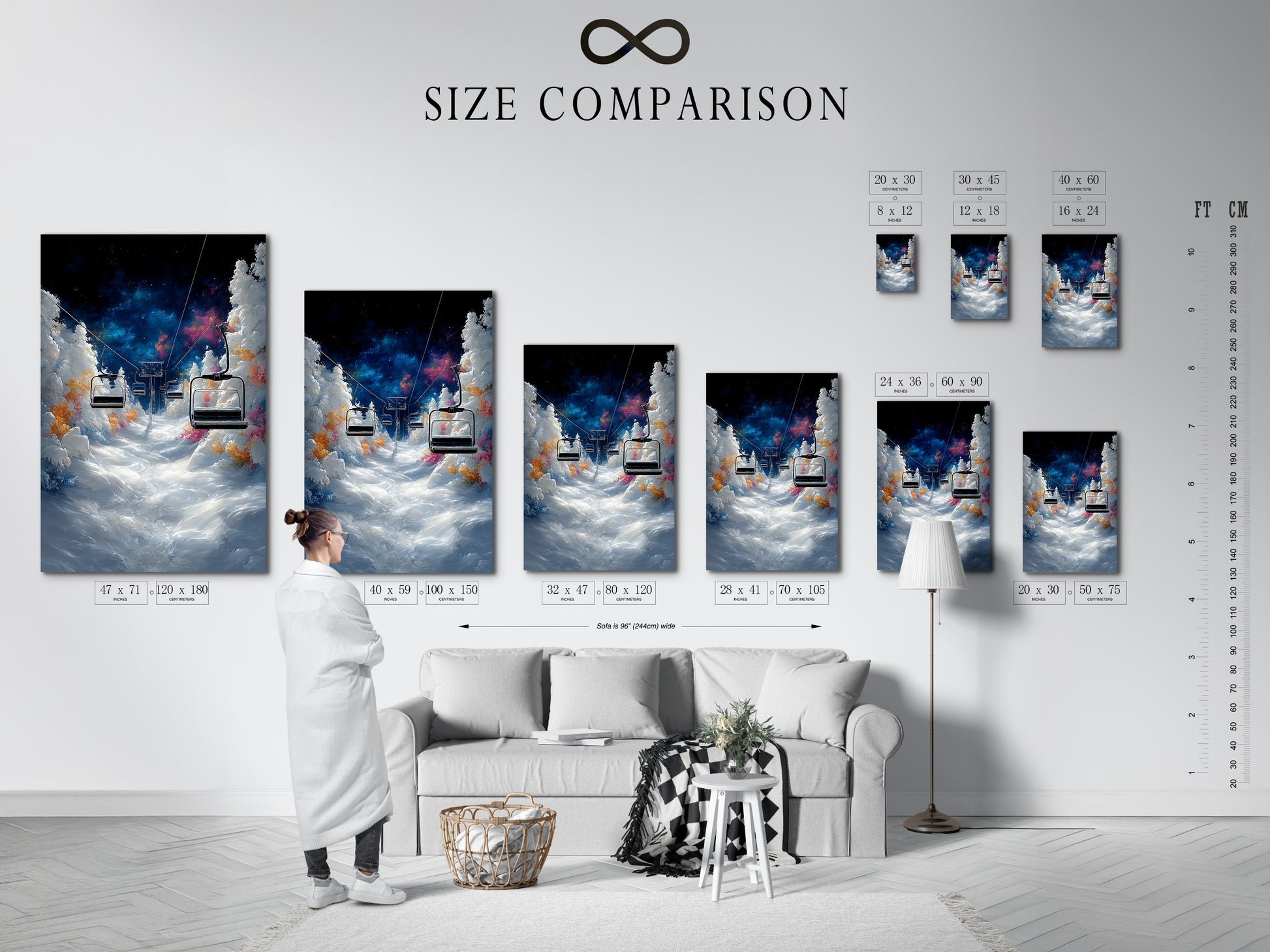 Visualize the perfect fit with this size comparison chart. The chart helps you choose the ideal dimensions for your space. See how the ski lift art looks in different sizes. This ensures a perfect match for your decor.