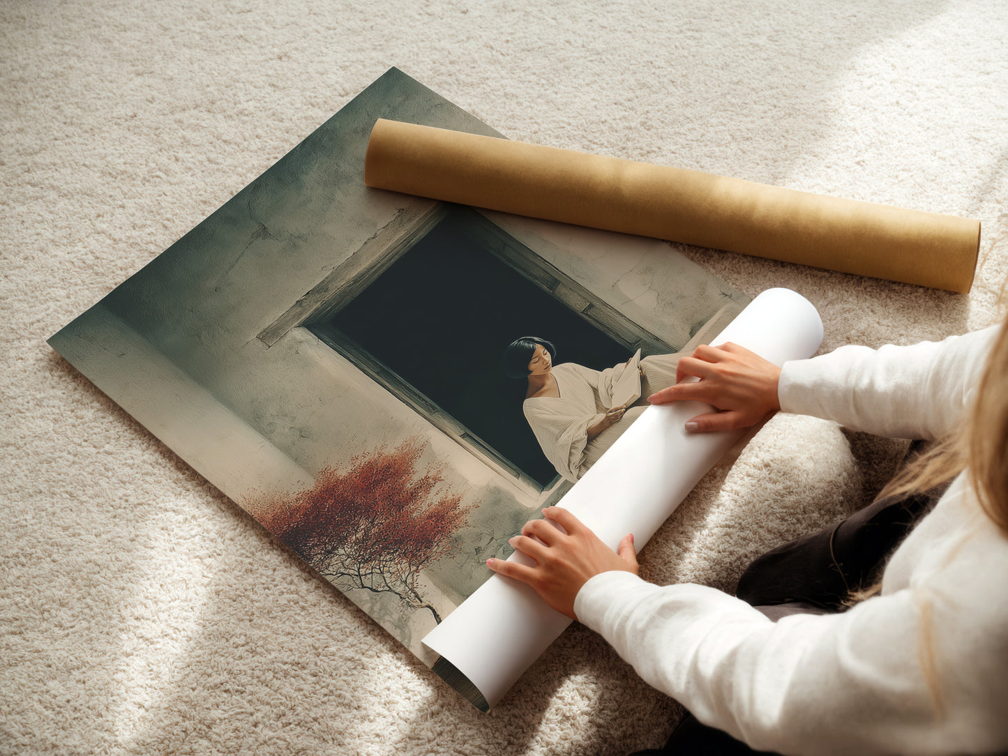 Watch as a woman rolls fine art poster paper. This high-quality paper ensures vibrant colors and sharp details. Create stunning prints with our premium materials. Perfect for artists and art enthusiasts alike. Discover the difference today.