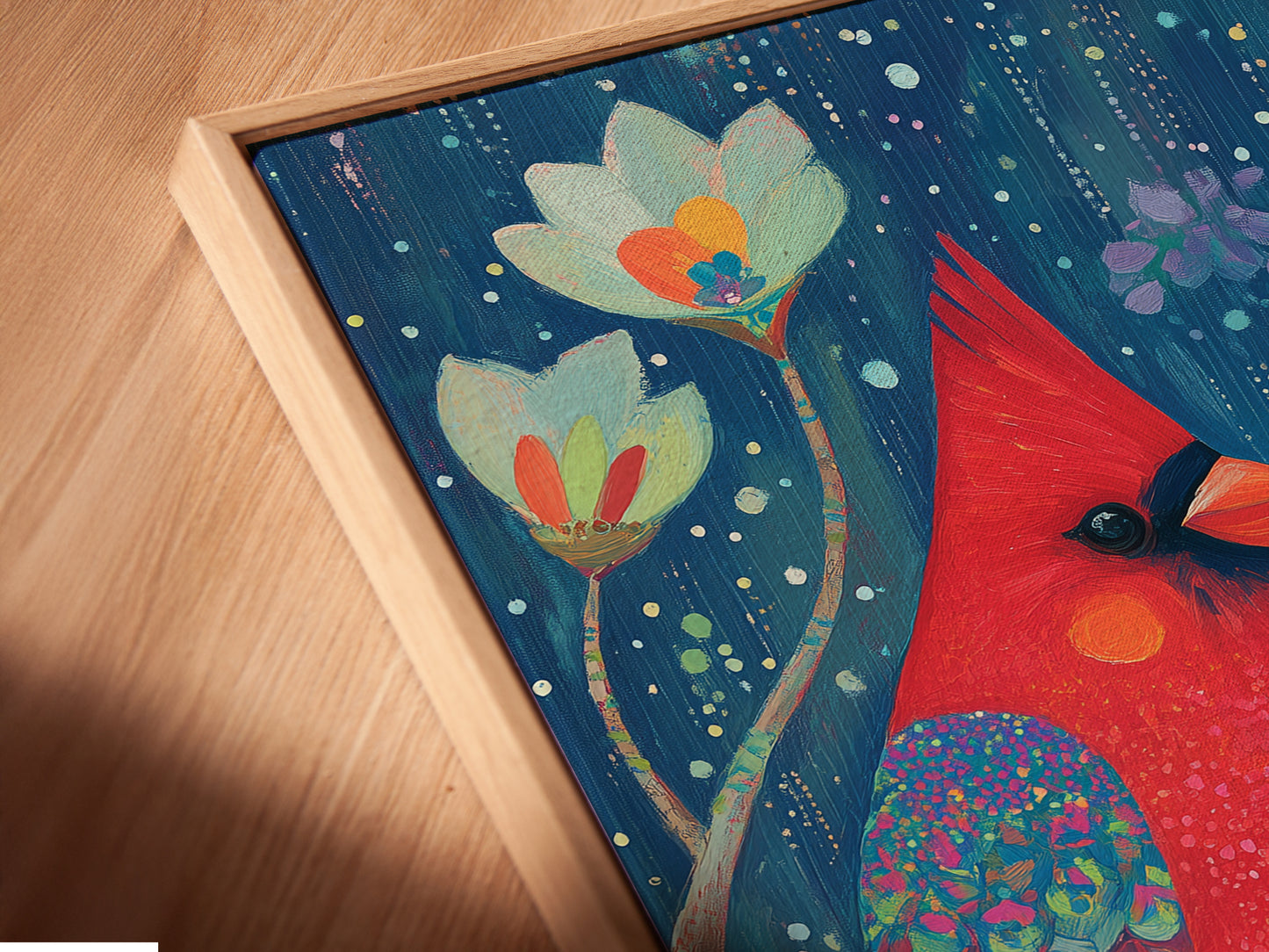 A close-up angled view shows a canvas print in a floating frame. The cardinal bird artwork stands out with its vibrant colors. This fine art piece adds a whimsical touch to any room. It's perfect for nursery decor or as a bird lover gift.
