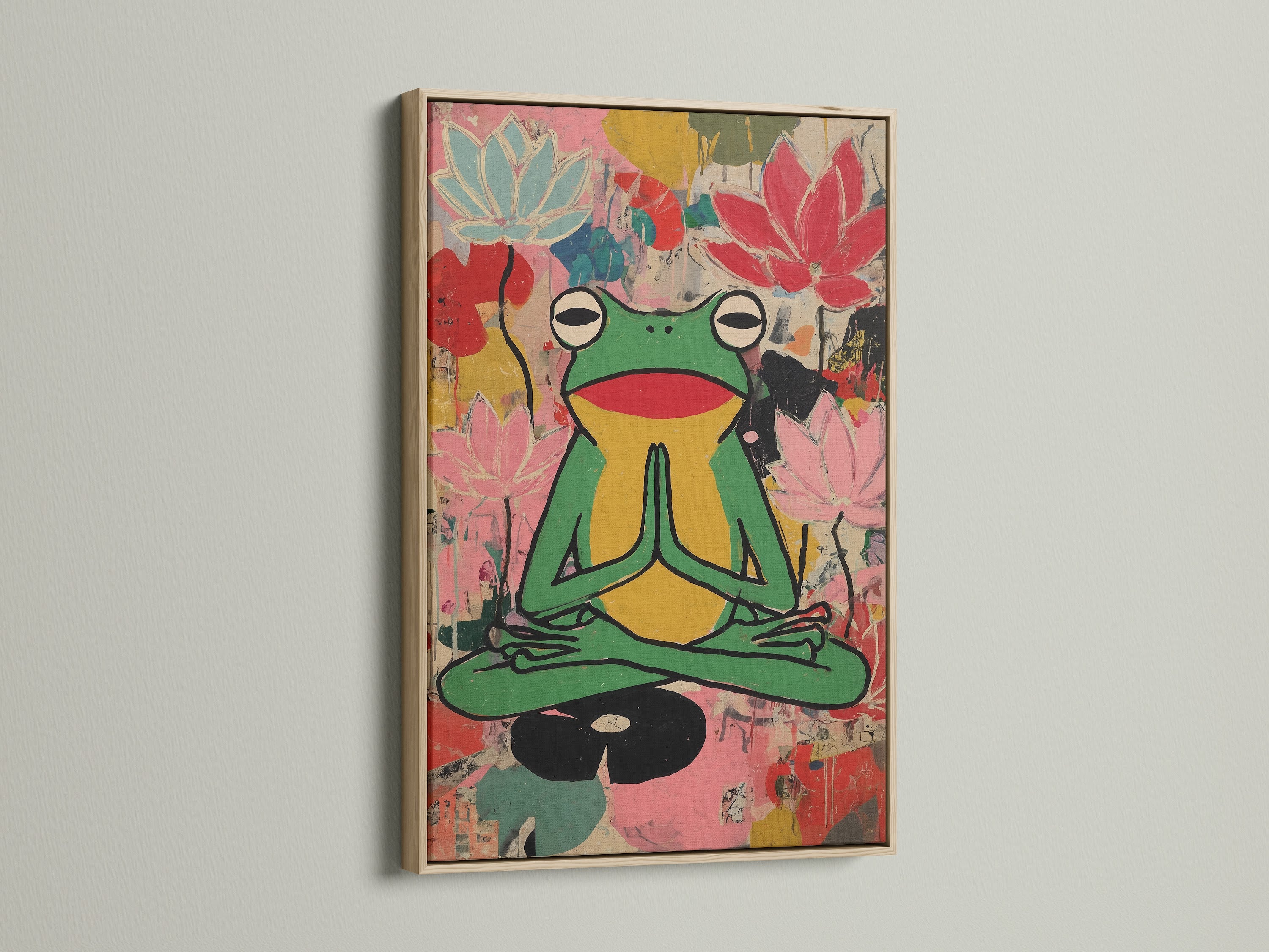 Zen Frog Canvas artwork in an oak frame. This meditation lotus wall art brings colorful yoga studio decor for mindfulness. It's perfect for wellness spaces and art lovers. The artwork complements eclectic boho contemporary styles