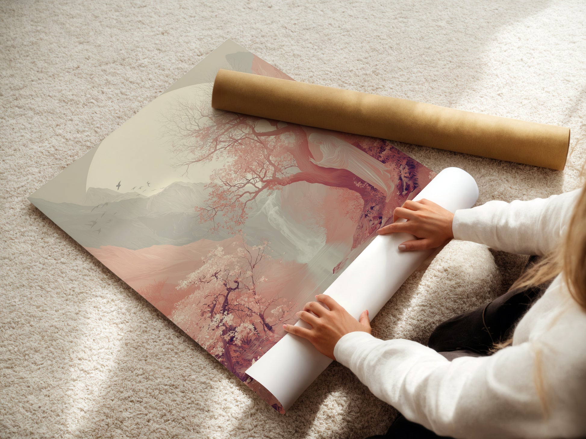 A woman rolls a fine art poster paper. Showcasing the high quality material. This Cherry Blossom Landscape Artwork is perfect for any space. The Japanese Moon Wall Art enhances your zen decor.