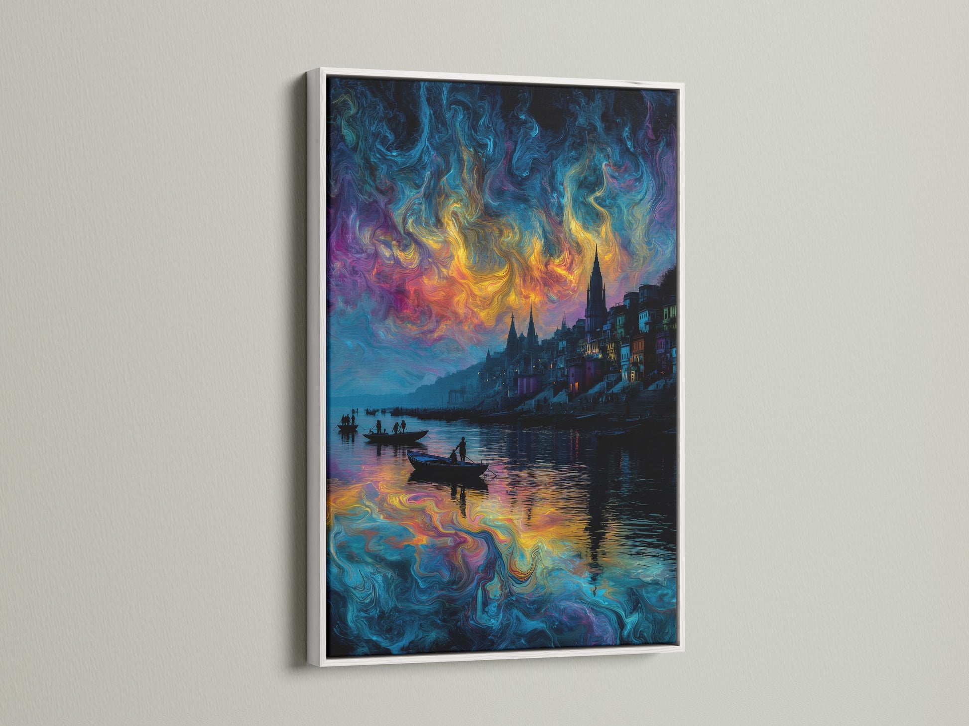 Abstract waterscape artwork with a white frame. This modern fantasy art is perfect for living room wall art. The surreal cityscape features a vibrant swirling sky. Shop the dreamscape print today.