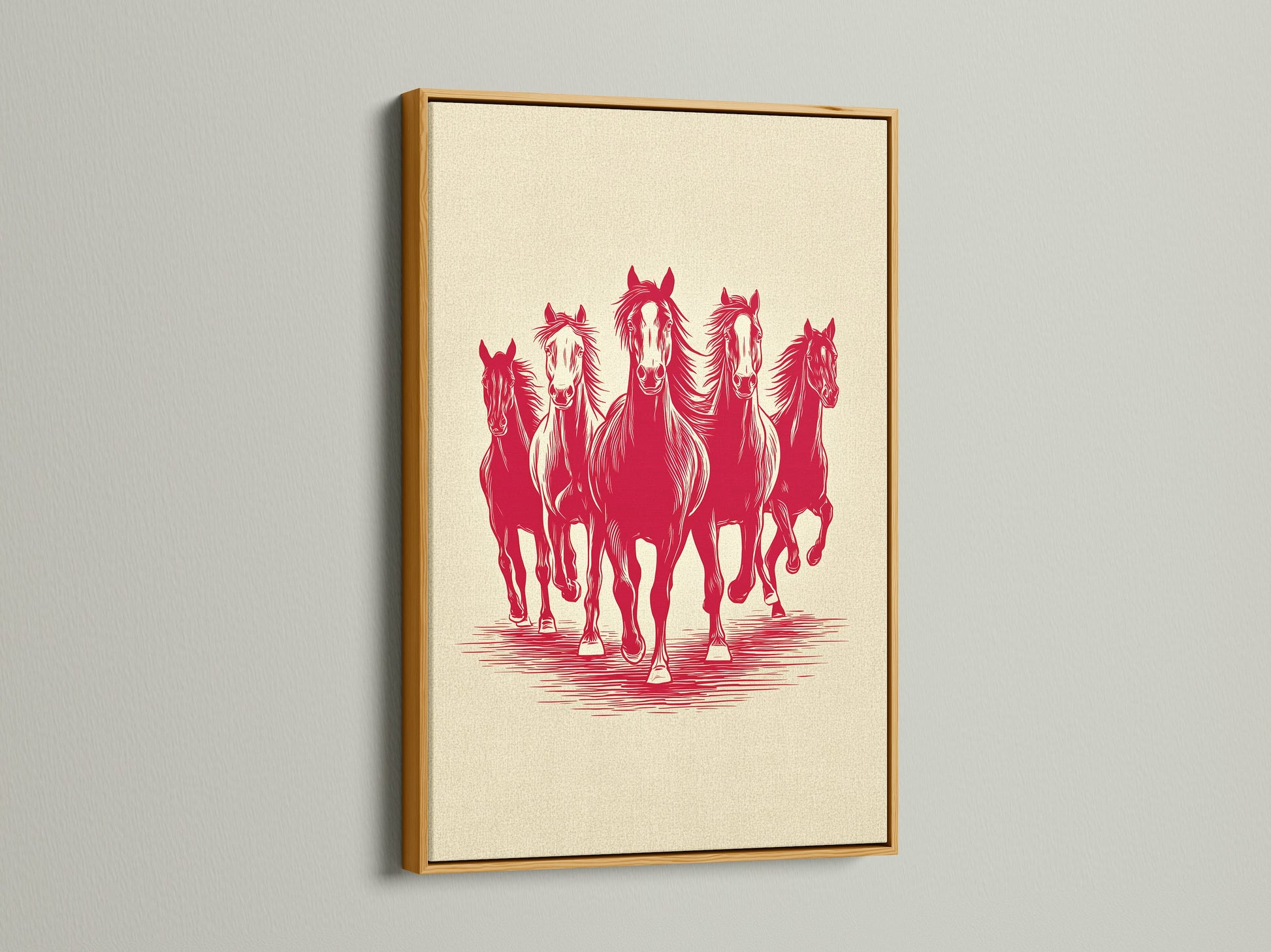 Artwork of running horses is displayed in a gold frame. Gold offers a luxurious aesthetic. The art is matted. This frame adds a touch of elegance. The frame enhances the artwork's richness and depth.