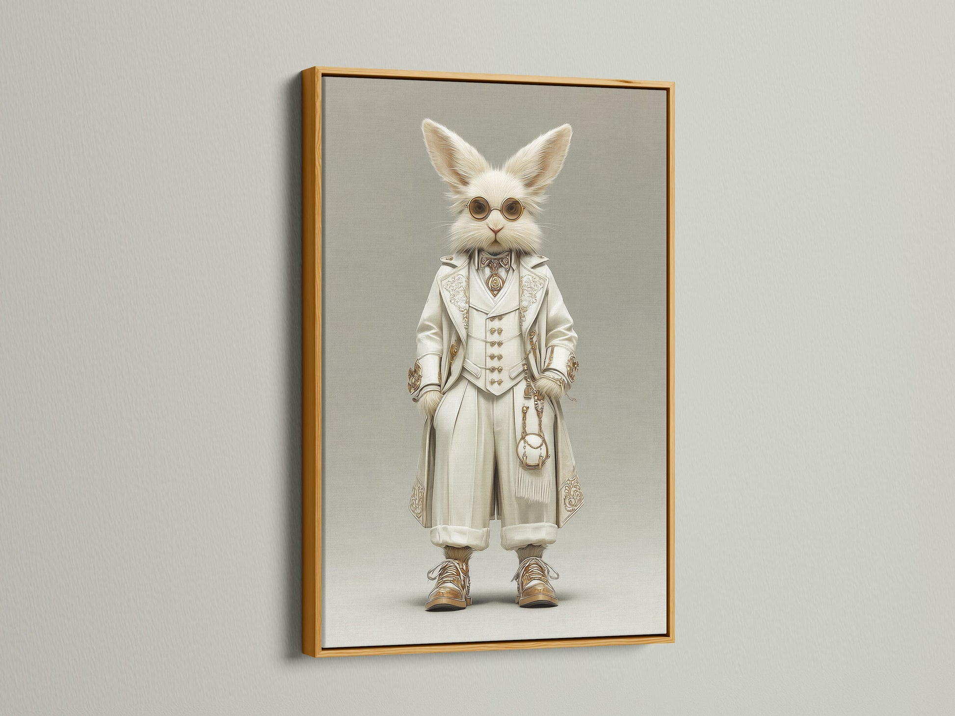 The Victorian Steampunk Rabbit artwork is presented in a gold frame. The gold frame enhances the artwork's vintage charm. This gentleman rabbit canvas print adds a touch of luxury. It's perfect for Victorian and eclectic styles. The gold frame complements the artwork's secondary color.