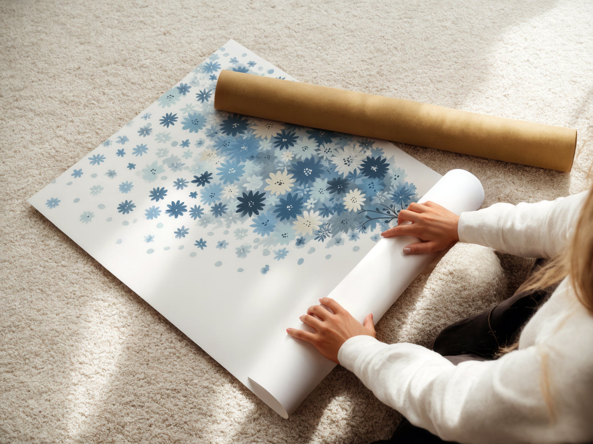 A woman is carefully rolling a fine art poster paper featuring a blue floral artwork. The pastel botanical art is ready for framing or display. This whimsical flower tree art print is perfect for adding a touch of nature to any space. Ideal for nursery decor.