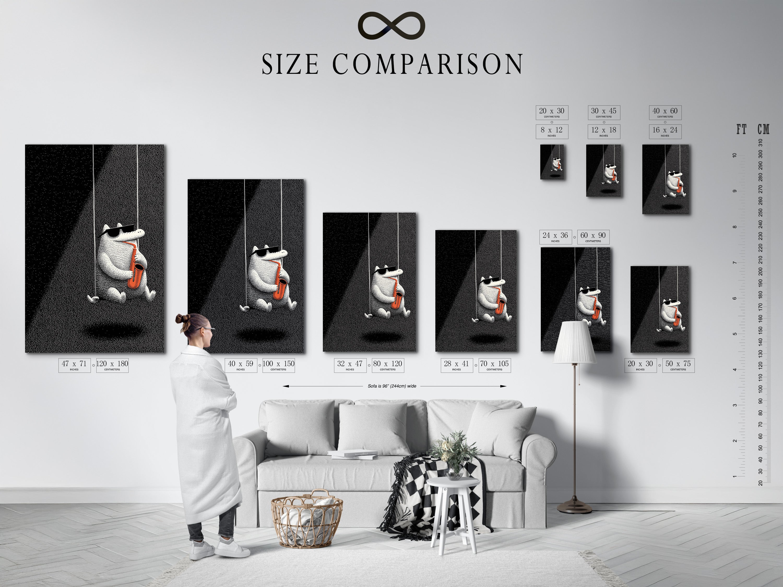 A size comparison chart is displayed in a stylish interior. It shows various sizes of artwork. Use our size chart to visualize the perfect fit. Transform your space with the right size artwork.