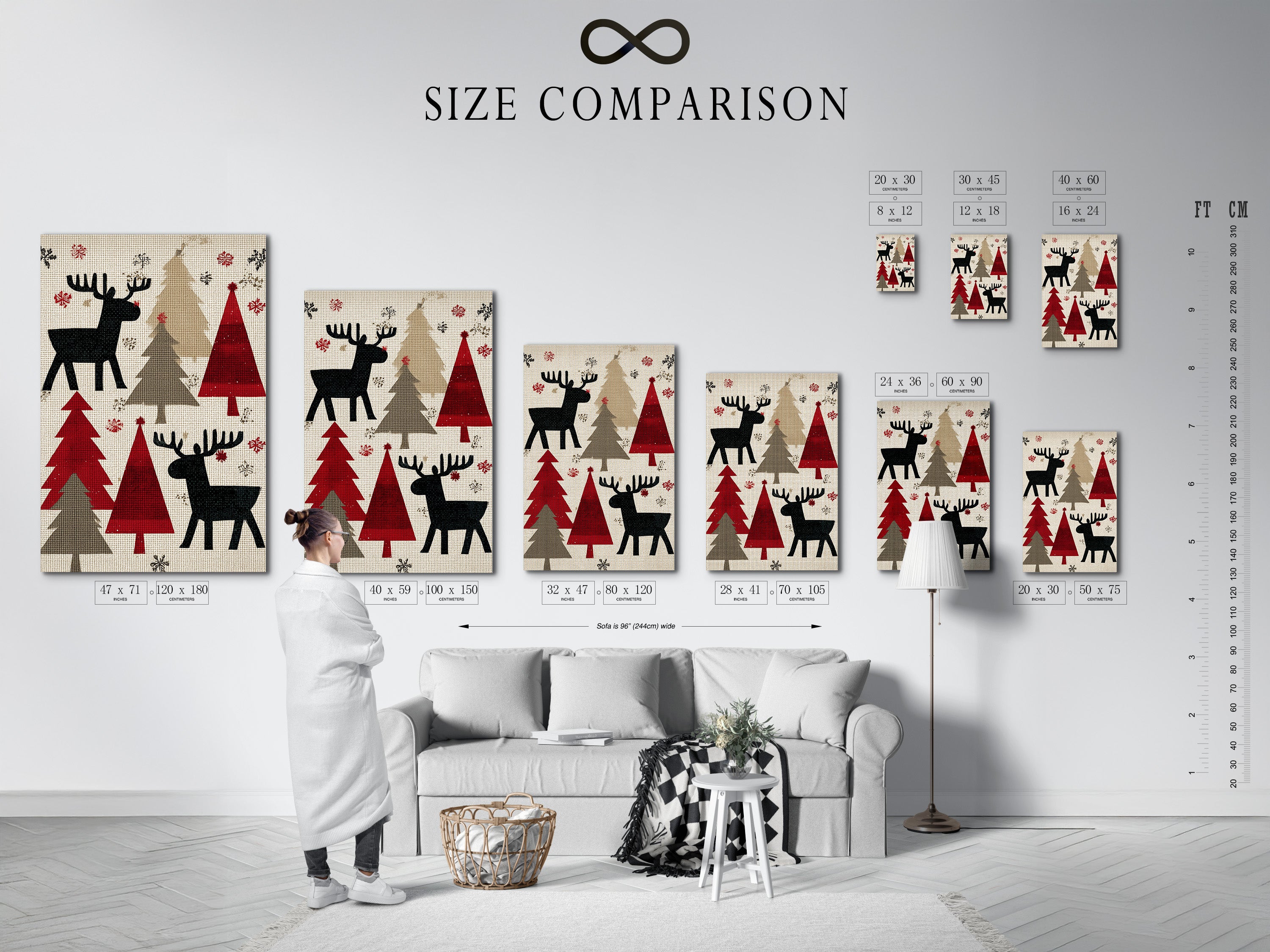 A size comparison chart is displayed in an interior setting. This chart helps visualize the different sizes of artwork. It aids in choosing the perfect piece for your space. Use this chart to make an informed decision.