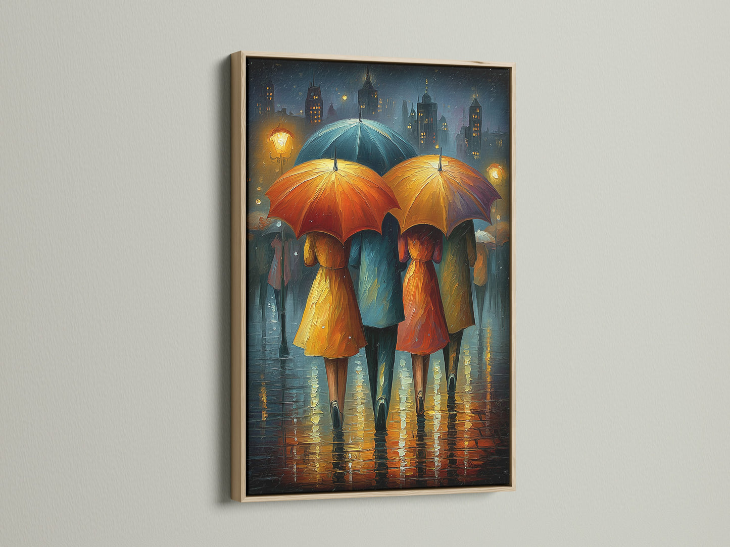The Rainy City canvas print is showcased in an oak frame. This modern artwork adds urban sophistication to any space. The umbrella print brings a touch of color and mood. Ideal for living rooms or offices.
