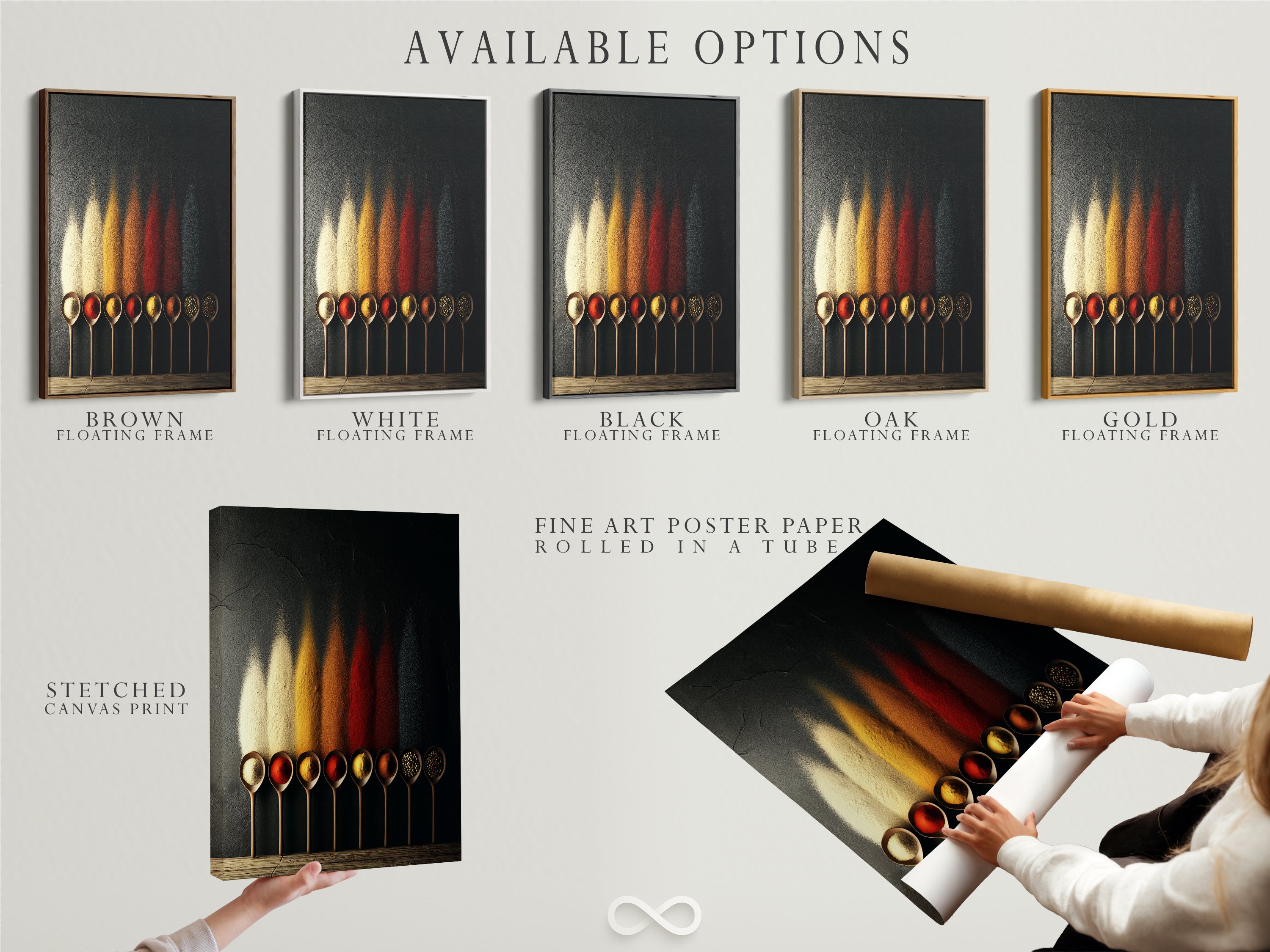 Explore available options for the Spice Spoons artwork. Choose between a stretched canvas print fine art poster paper or a floating frame. This culinary piece adds a modern touch to any kitchen. Perfect for foodies and chefs looking to enhance their decor. Ideal for homeowners and cafe proprietors.
