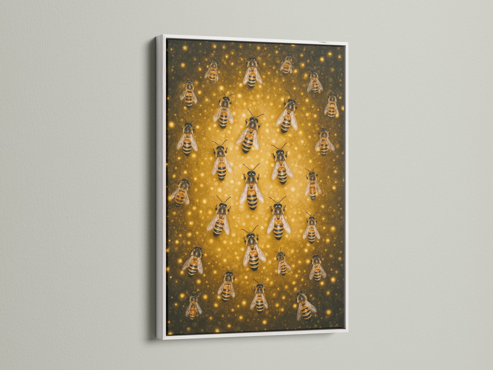 A honey bee artwork is displayed in a white frame. The artwork offers a clean and crisp look. Perfect for contemporary spaces. The frame enhances the artwork's intricate details. This framed canvas print is versatile for any room.