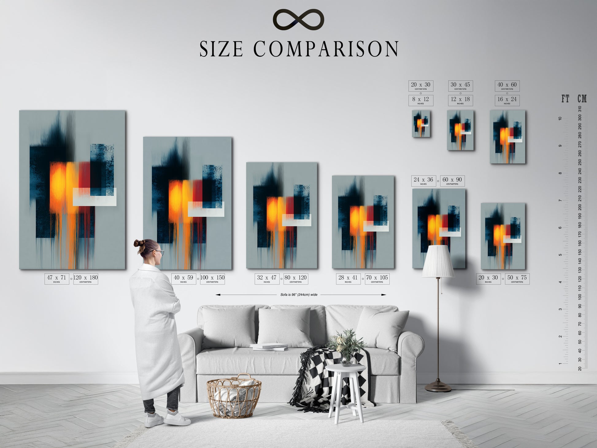 A size comparison chart is displayed in a modern interior. This helps visualize how different art sizes fit in a room. This guide aids in selecting the perfect piece for your space. Find the ideal artwork size today.