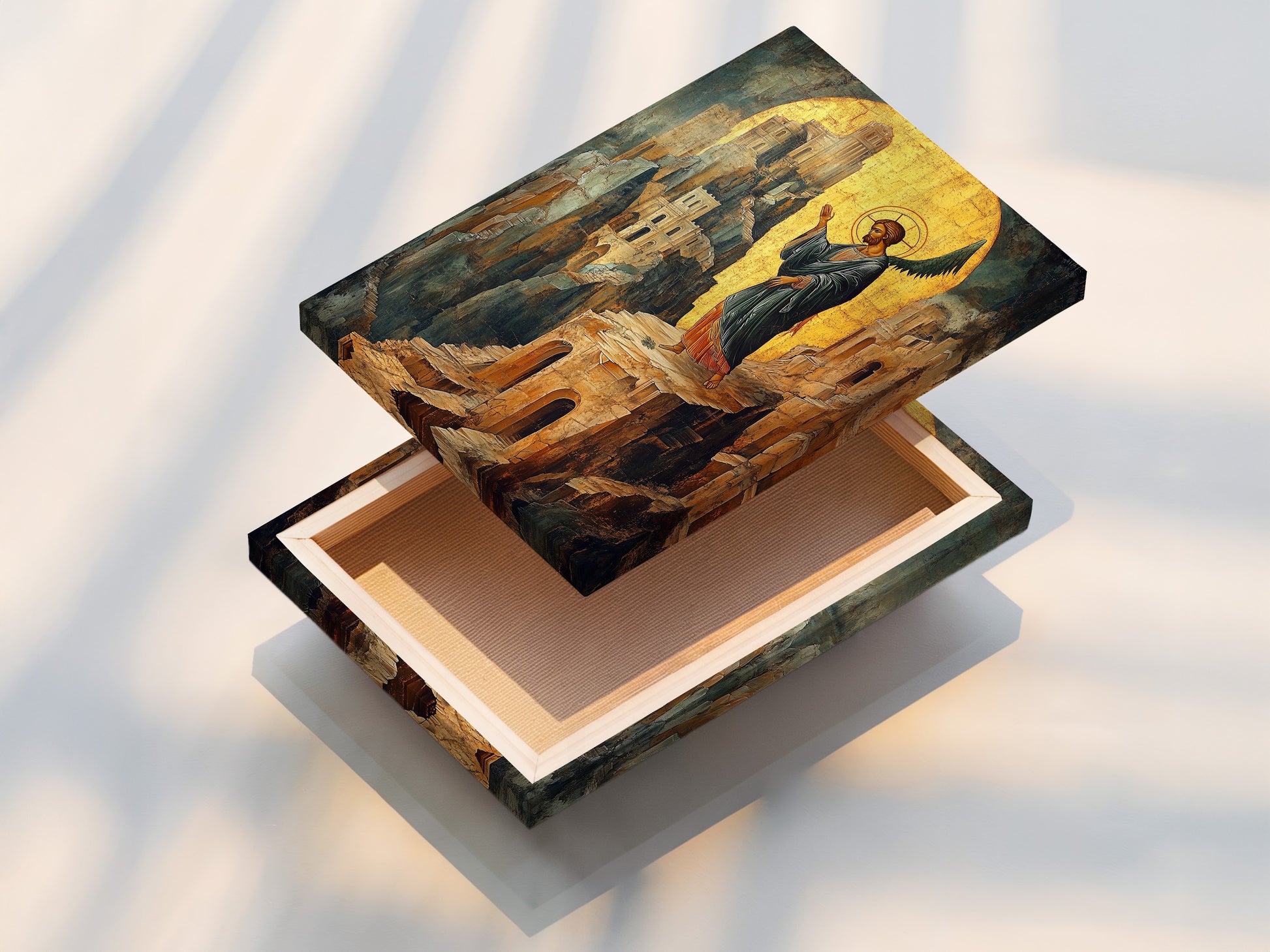 The stretched canvas print of the Byzantine Angel Art Print is on display. This religious artwork is ready to hang. The stretched canvas shows the intricate details. Ideal for Christian home decor and spiritual wall art collectors.