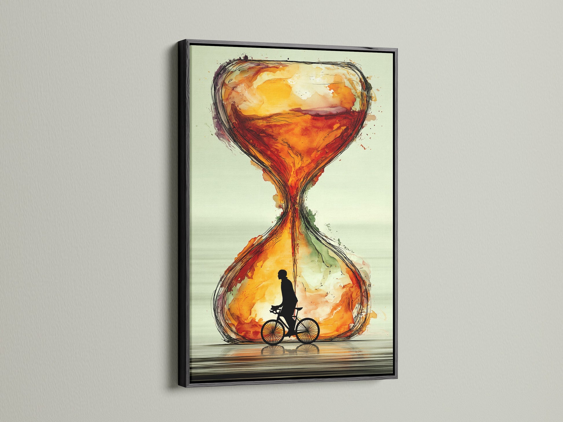 The 'Hourglass Canvas Print' is boldy framed in black. This time and bicycle artwork makes a statement. The abstract sienna tones create a striking visual. This piece is perfect for modern home decor. It serves as a unique cyclist gift. Its design is sure to impress.