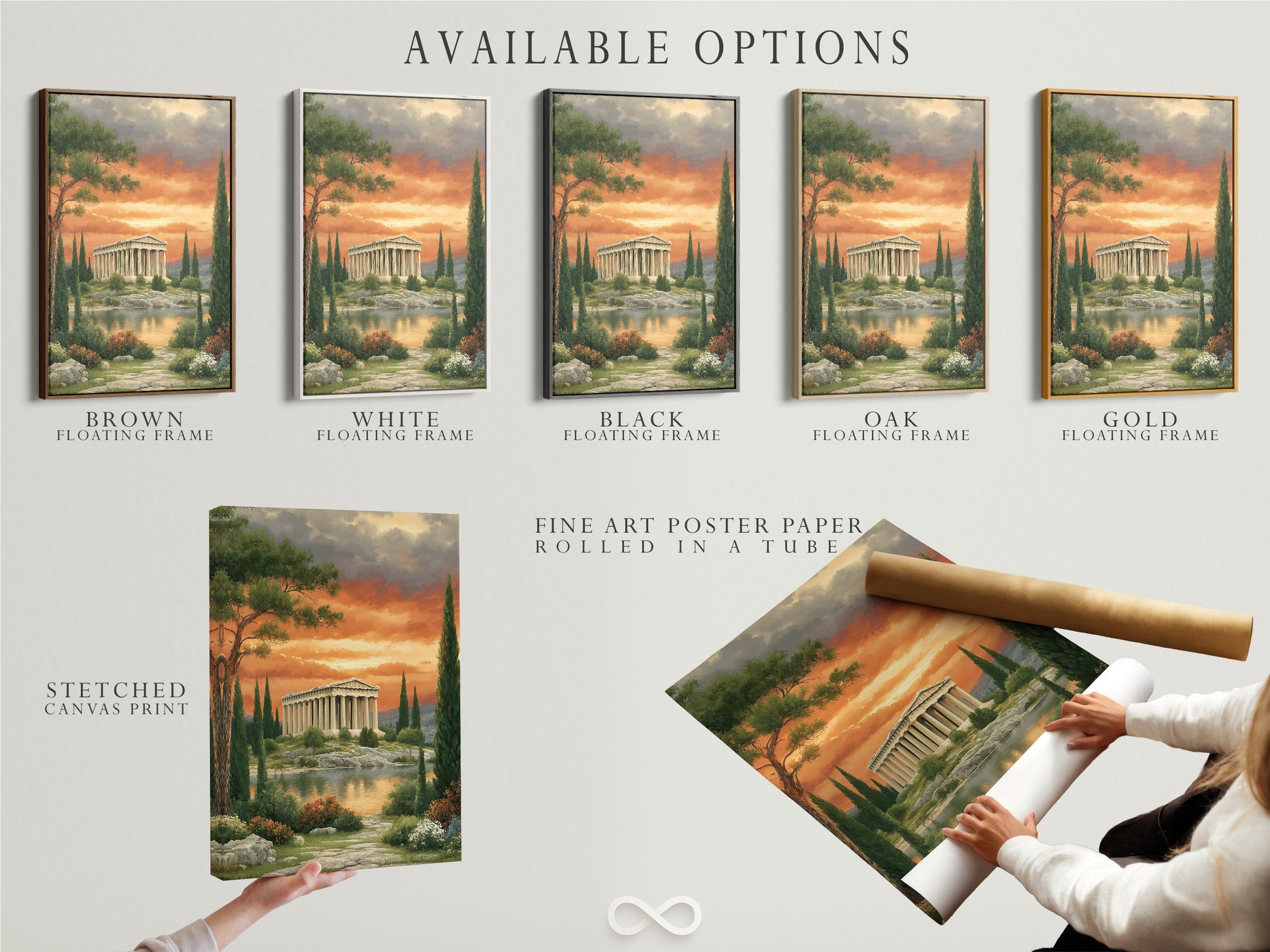 Available options for the Greek Temple artwork. Choose from a stretched canvas print fine art poster paper or floating frame. Customize this classical piece to fit your style. The Parthenon print is ideal for any space. Find the perfect option for your home or office decor.
