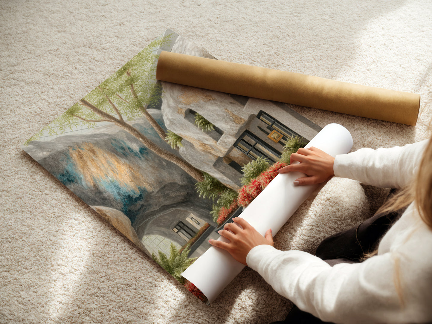 A woman carefully rolls fine art poster paper. She is preparing the Architectural Atrium artwork for display. This botanical garden art is ready to bring a modern touch. The fine art poster is perfect for any plant lover. The sunlit courtyard print will add peace to your decor.
