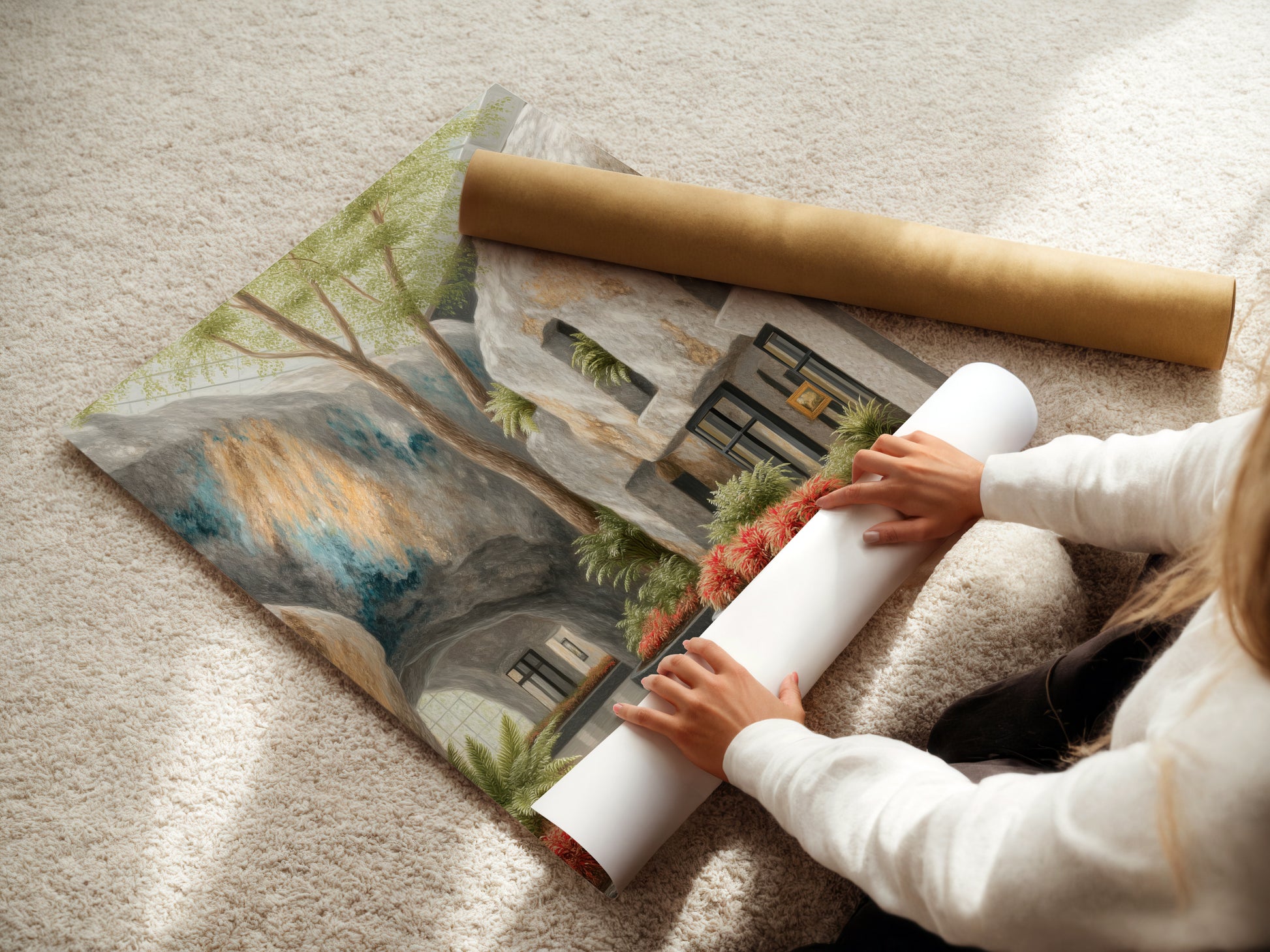 A woman carefully rolls fine art poster paper. She is preparing the Architectural Atrium artwork for display. This botanical garden art is ready to bring a modern touch. The fine art poster is perfect for any plant lover. The sunlit courtyard print will add peace to your decor.