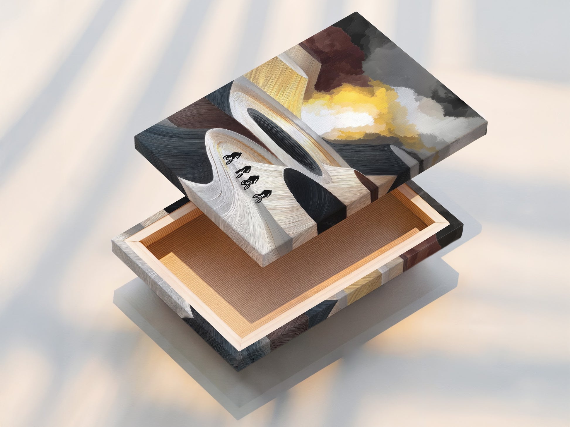 Stretched canvas print featuring cyclists abstract art. This contemporary piece suits modern interiors. Neutral tones complement minimalist wall decor. Ideal for living room wall art or office wall art.