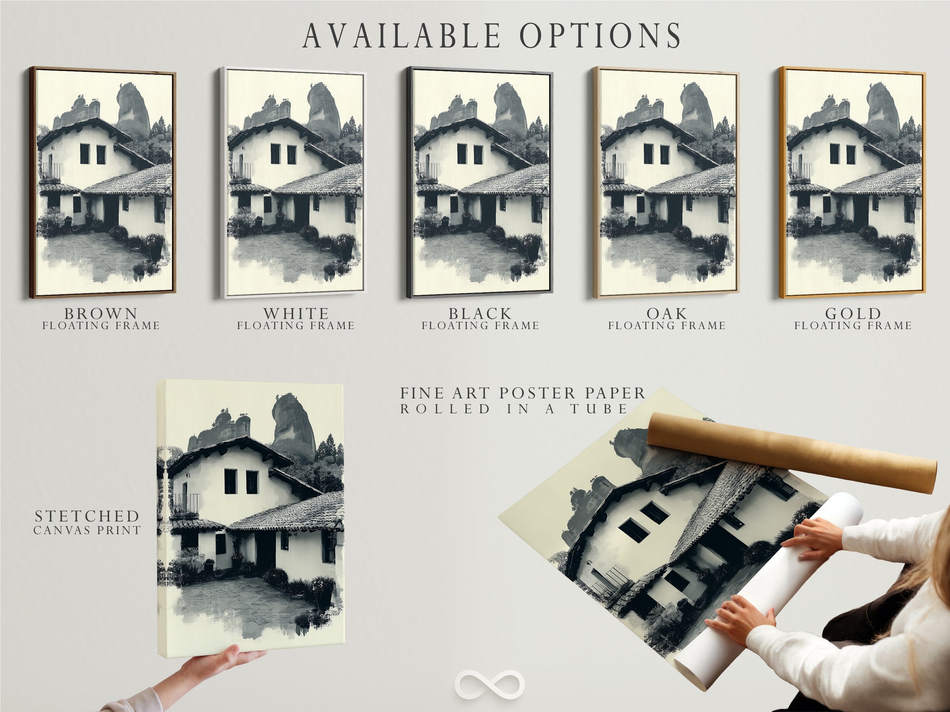 Available options include stretched canvas print fine art poster paper and floating frame. Select the best format for your monochrome Hacienda artwork. Customize your piece to match your decor. Enjoy rustic Southwestern elegance.