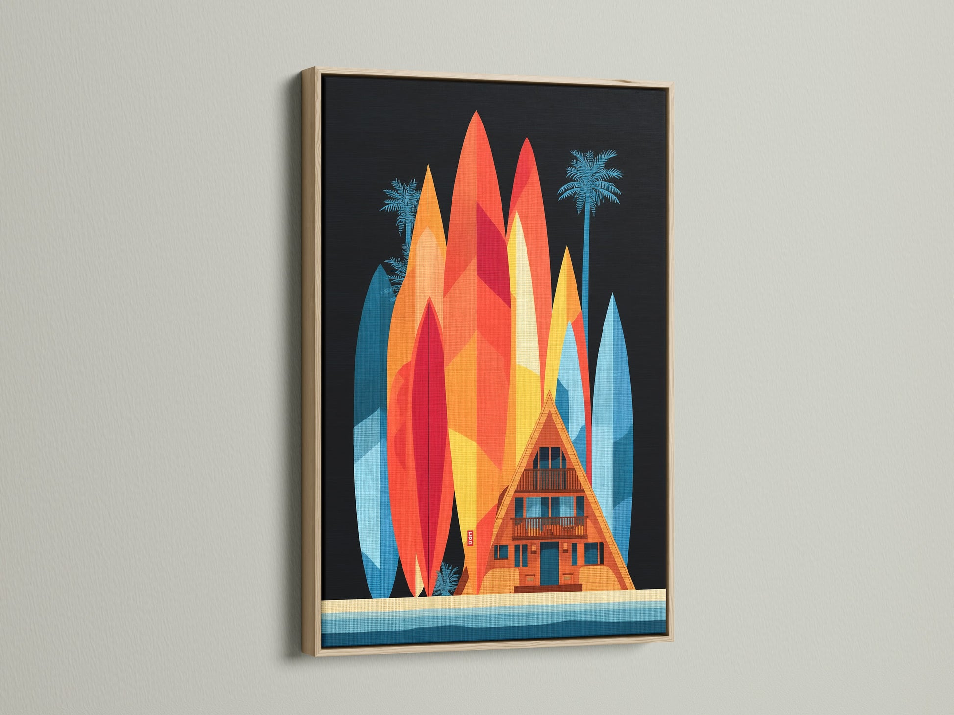 A-Frame house artwork in an oak frame. This coastal art print adds retro flair to any room. The vibrant surfboard artwork enhances beach wall decor. It is ideal for a vacation home or tiki wall art setting.