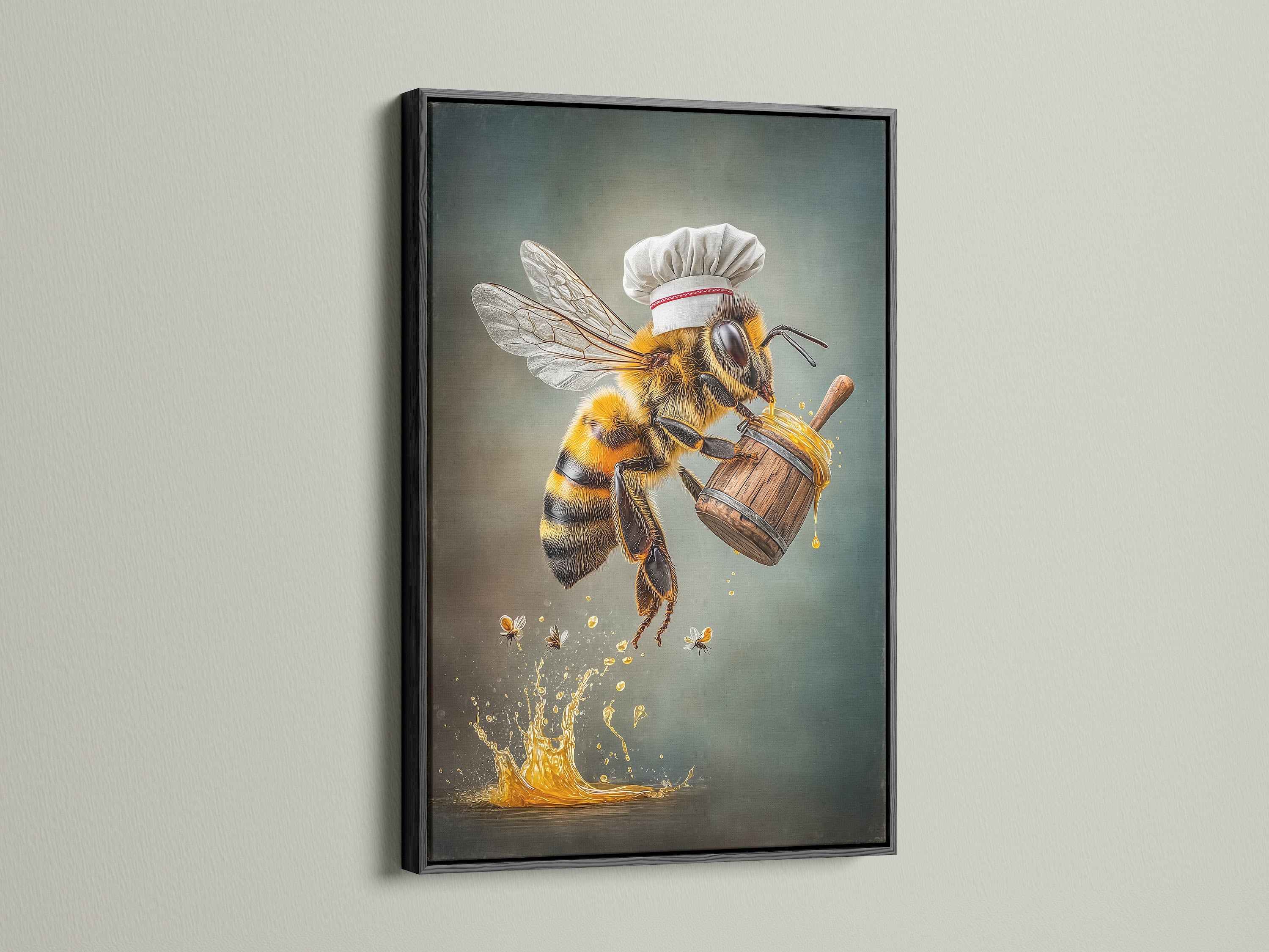 Chef Bee artwork presented in a black frame. This kitchen wall art features a bee canvas print. It is ideal for adding a quirky touch to your dining room or restaurant. This honey bee decor is perfect for country and farmhouse styles.