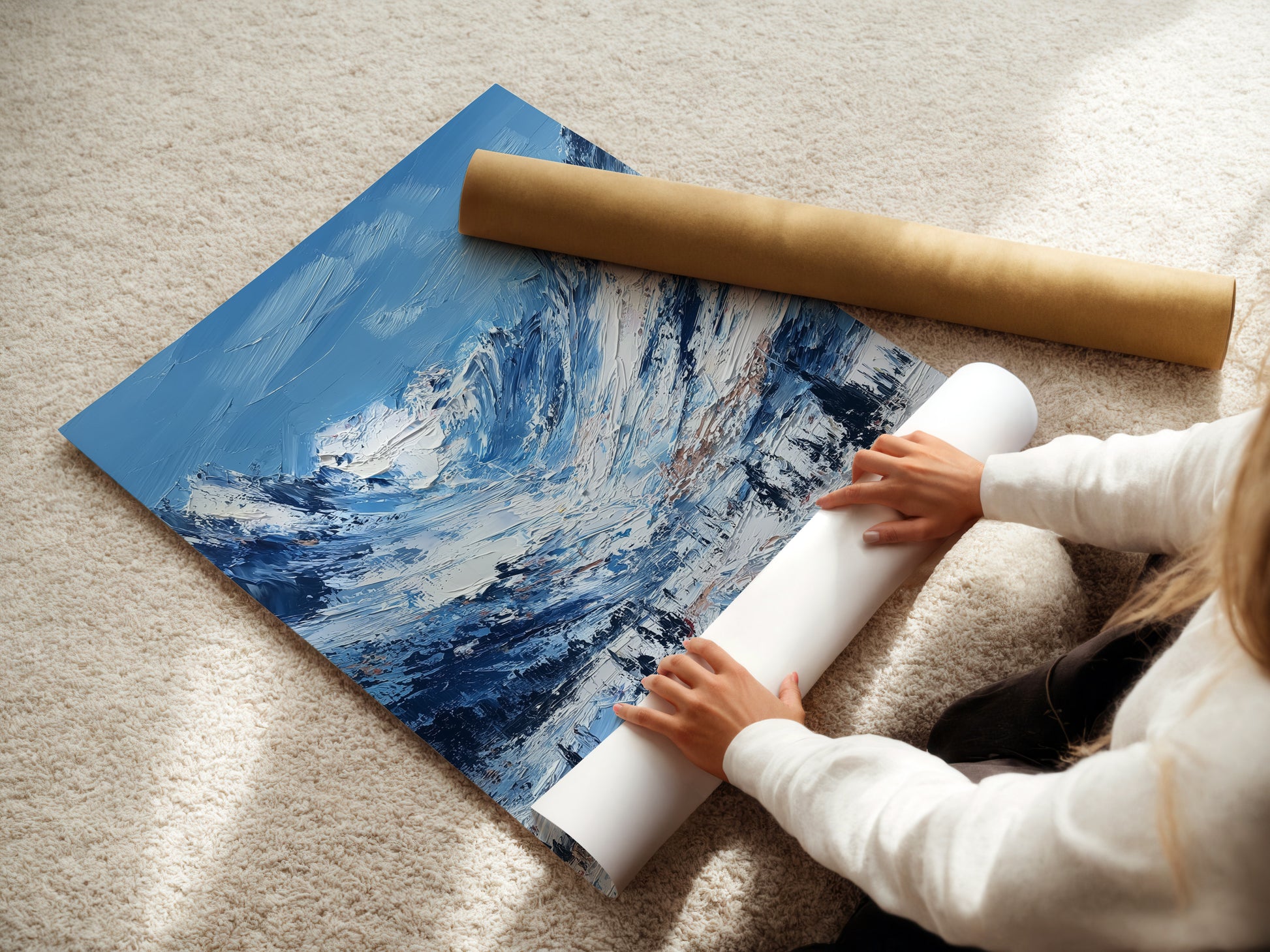 A woman is carefully rolling a fine art poster paper. She ensures a smooth surface for printing. The delicate process preserves the artwork. Precision and care are essential for quality. The rolled paper is ready for transformation. See the creation of beautiful art.
