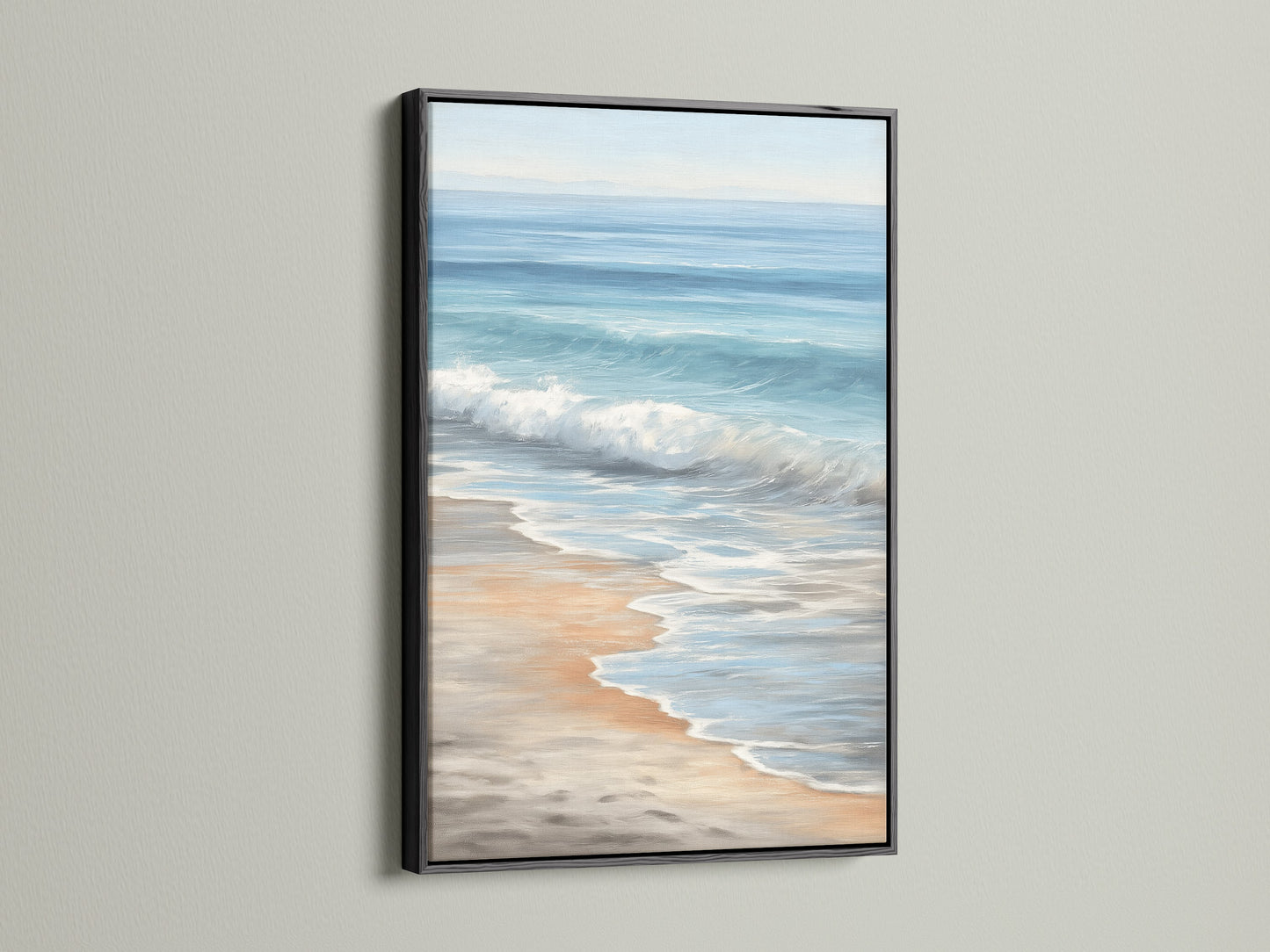 Seascape artwork with a black frame. This ocean canvas adds a modern touch to any space. Ideal for bathroom wall decor or coastal office art. The beach decor brings a sense of tranquility. A perfect coastal painting.