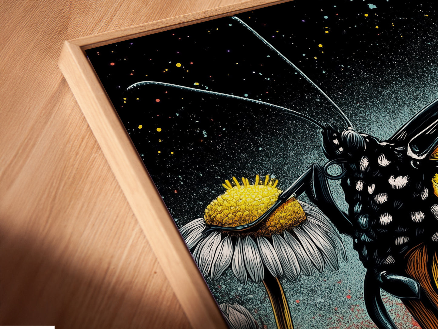 A close-up of a canvas print in a floating frame. The Monarch Butterfly artwork adds a modern touch to any room. The floral insect canvas brings nature indoors. Perfect wall art for minimalist or eclectic styles. Yellow accents.