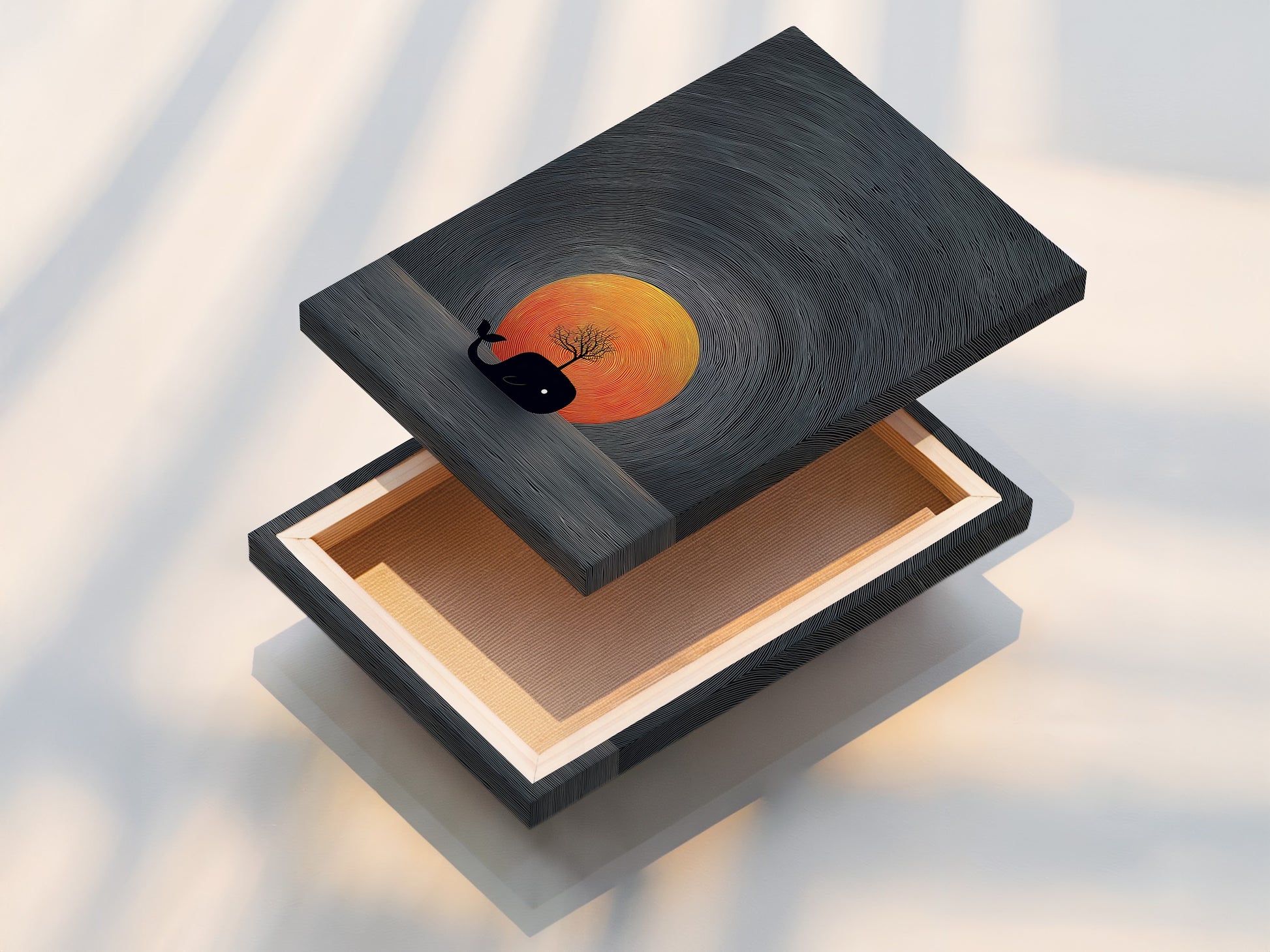 This stretched canvas print features a surreal whale artwork. The minimalist ocean art creates a coastal vibe in any space. The sunset canvas adds a touch of color and serenity. Perfect for living rooms bedrooms and nurseries.