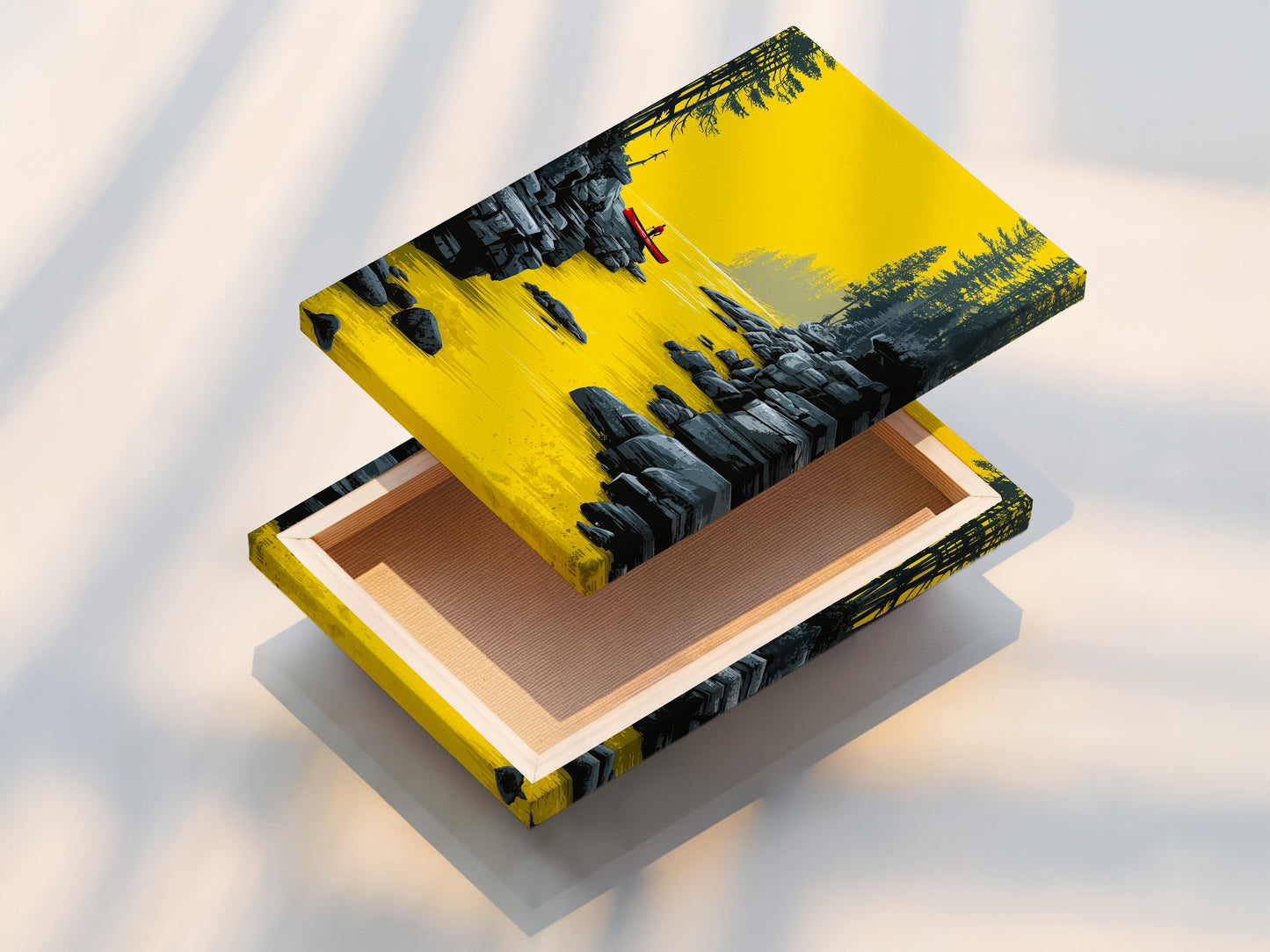 A stretched canvas print of the River Kayak artwork. The artwork features a serene river scene with a lone kayaker. It is perfect modern landscape artwork for your office or living room. Add golden yellow art to your space today.