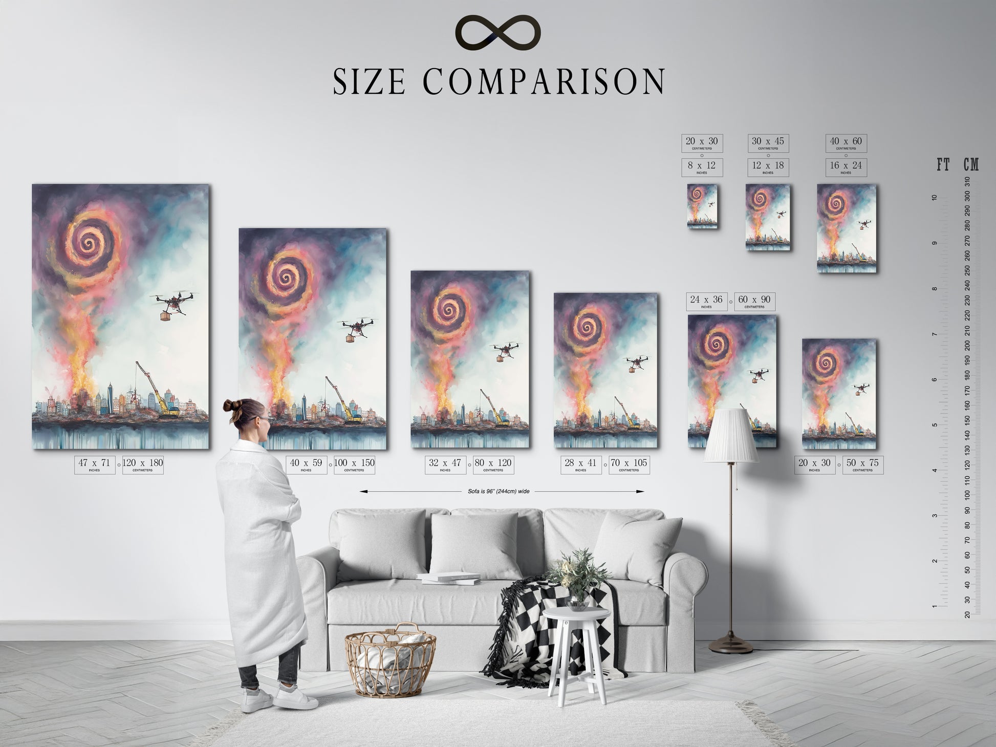 Size comparison chart displayed in an interior setting. The chart showcases the available sizes for the surreal cityscape artwork. Sizes range to suit various wall spaces. Artwork features a drone delivering goods above a modern skyline. Find the perfect fit for your office or home decor.