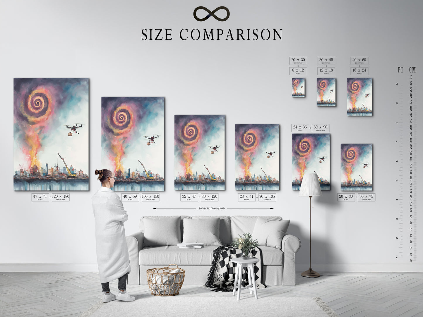 Size comparison chart displayed in an interior setting. The chart showcases the available sizes for the surreal cityscape artwork. Sizes range to suit various wall spaces. Artwork features a drone delivering goods above a modern skyline. Find the perfect fit for your office or home decor.