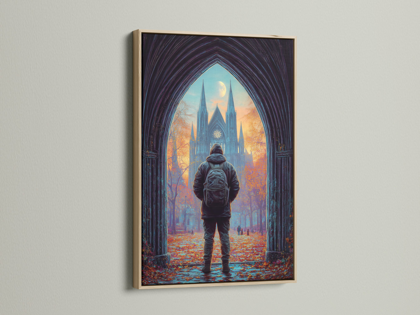 Discover artwork framed in oak. This cathedral print is beautifully showcased. The oak frame enhances the art. It brings warmth and character to any room. Ideal for lovers of gothic wall art. Elevate your space with this autumn landscape masterpiece.