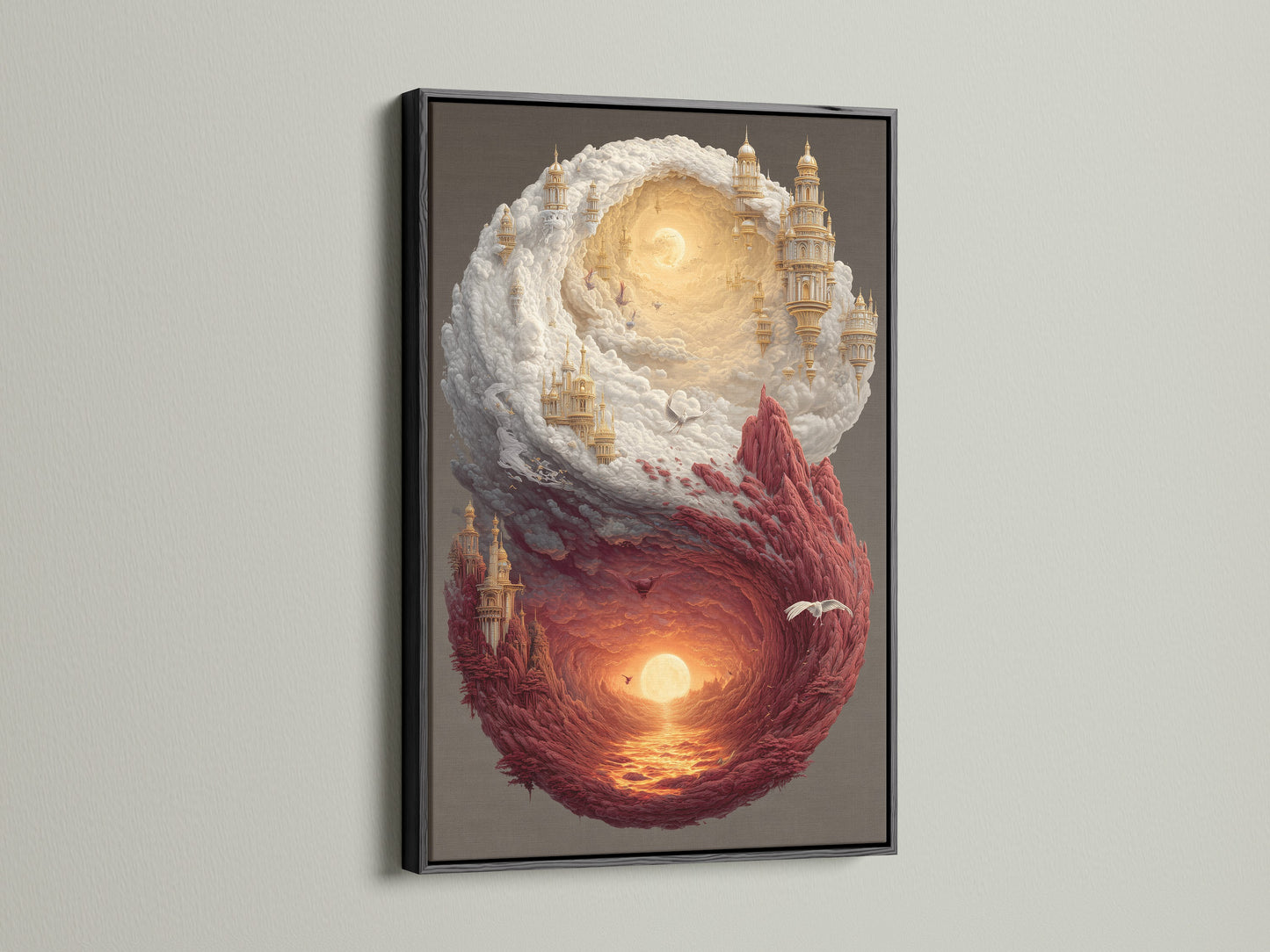 Art print displayed in a sleek black frame. The artwork features a surreal landscape. It blends castles in the clouds with a fiery sunset over water. The black frame offers a bold contrast. It accentuates the artwork’s intricate details.