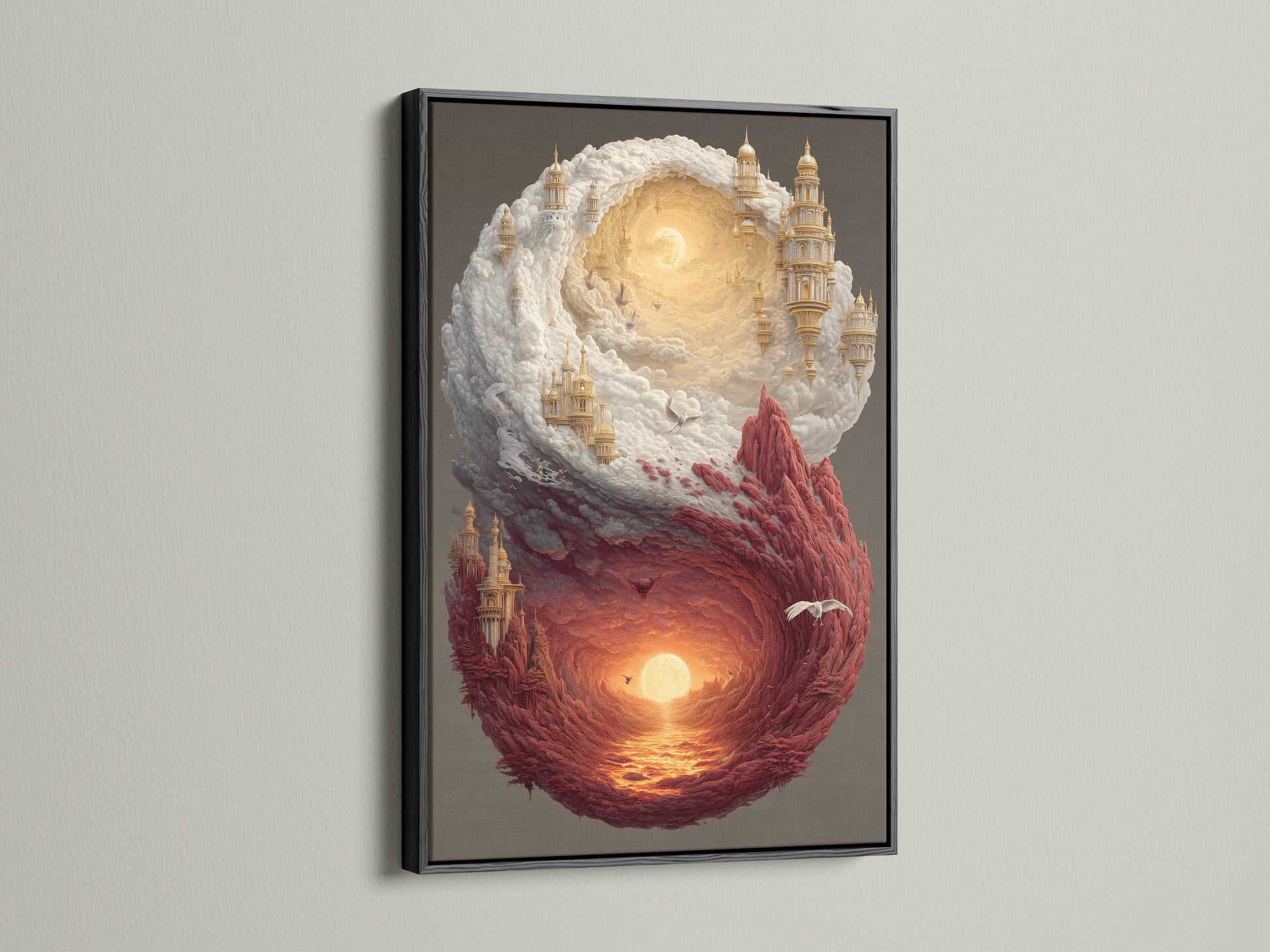 Art print displayed in a sleek black frame. The artwork features a surreal landscape. It blends castles in the clouds with a fiery sunset over water. The black frame offers a bold contrast. It accentuates the artworkโs intricate details.
