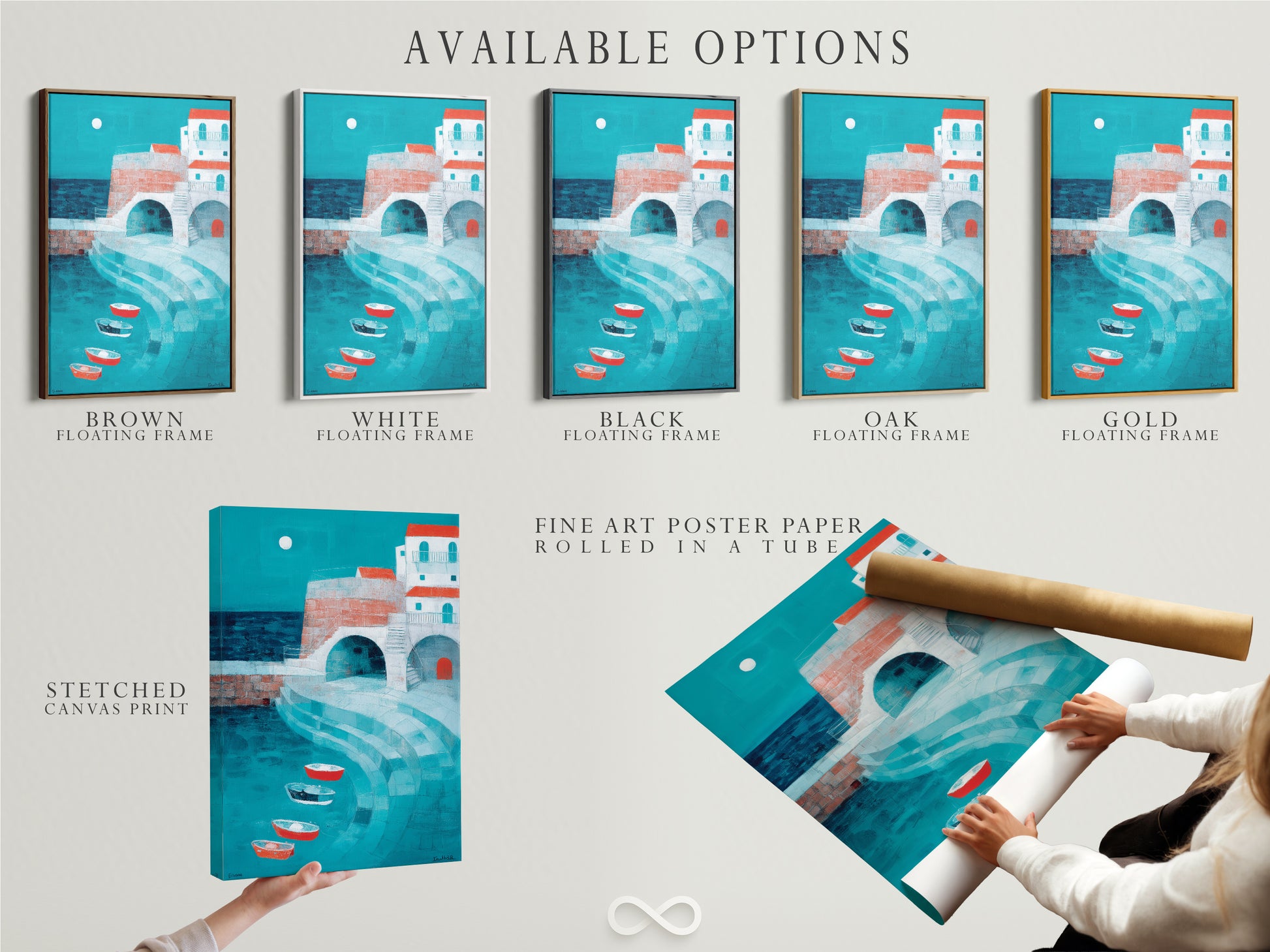 Available options for this coastal village artwork are showcased. Choose from a stretched canvas print or fine art poster paper. The option of a floating frame is also available. Customize the artwork to match your style and preferences. Explore the various ways to display this piece.